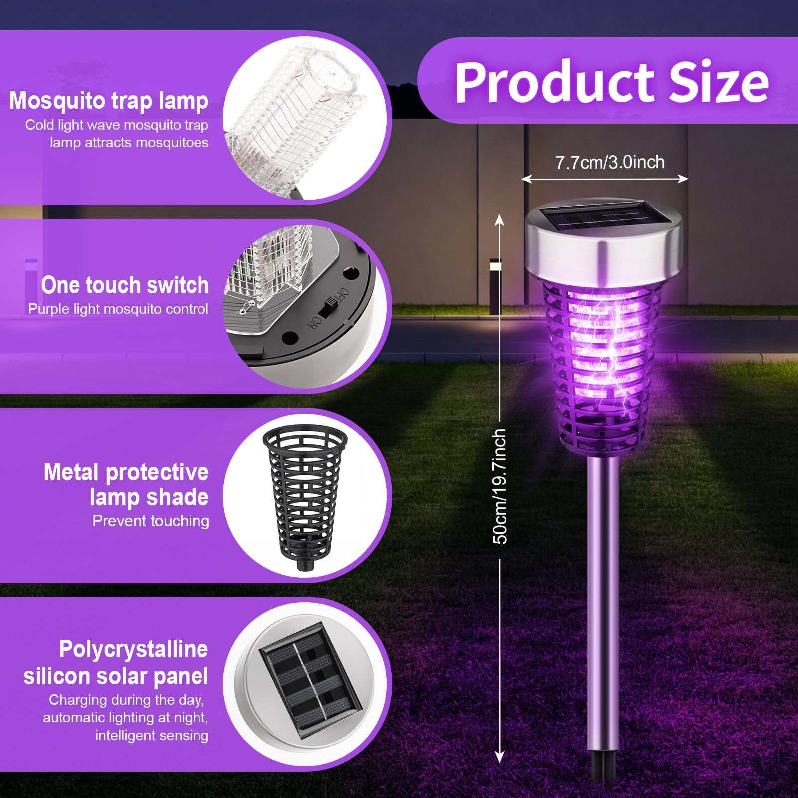 Qualirey 12 Stück Solar Insektenvernichter für den Außenbereich, Violett und warmes Licht, Silber | Mückenschutz Solarbetrieben Wasserdicht LED Licht Lampe Fliegeninsektenvernichter für Outdoor Terrasse Hof Garten Rasen