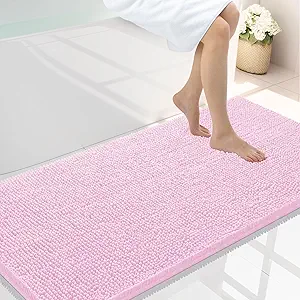 Smiry Luxury Chenille Bathroom Rugs 44x24, Extra Soft and Absorbent Shaggy Bath Mat, Machine Washable, Non-Slip Plush Carpet Runner for Tub, Shower, and Floor, Home Decor Accessories, Pink