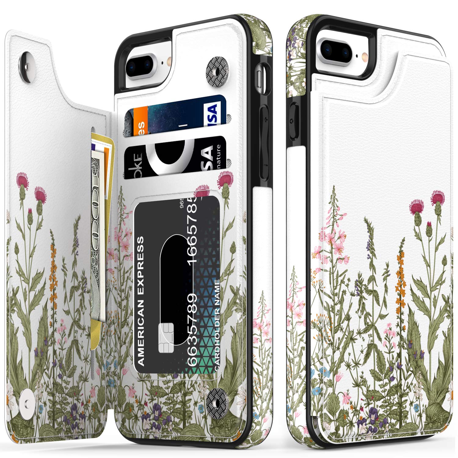 LETO iPhone 8 Plus Case,iPhone 7 Plus Case,Flip Folio Leather Wallet Case with Floral Designs,Kickstand Card Slots Cover,Protective Phone Case for iPhone 7 Plus/iPhone 8 Plus Purple Floral Leaves