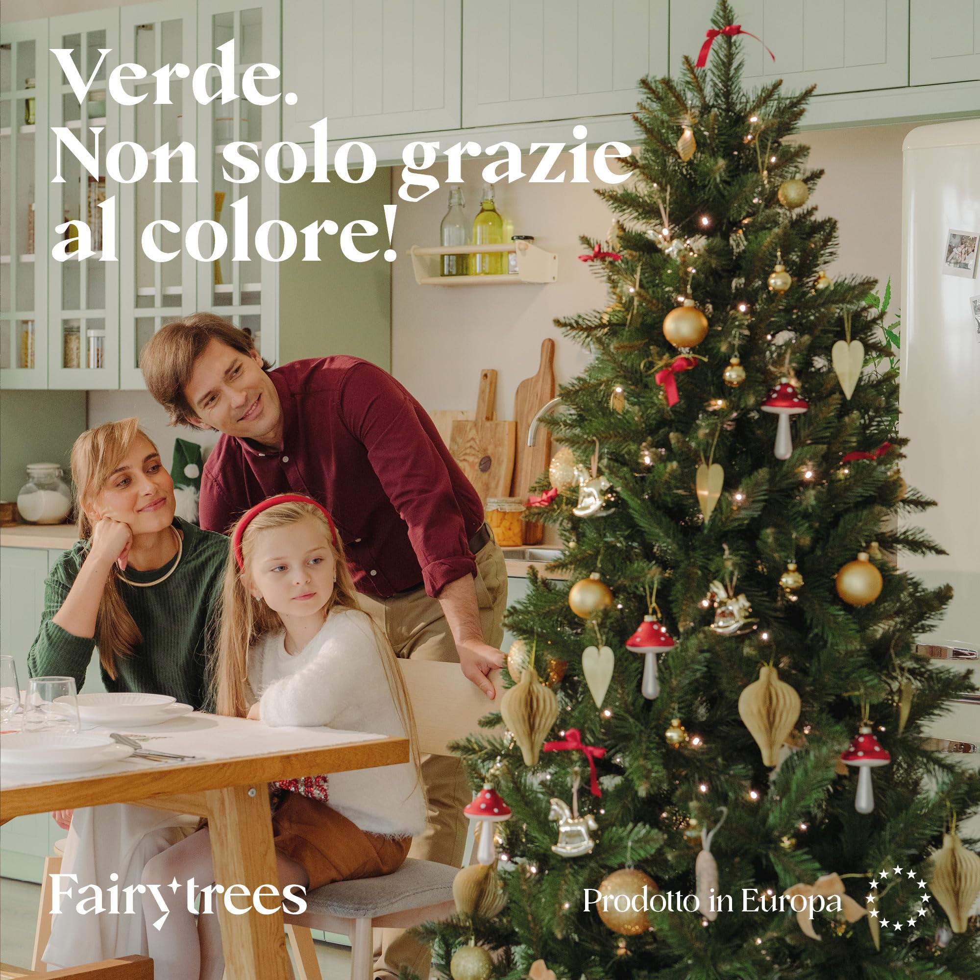 Albero di Natale artificiale FairyTrees 180cm Abete Rosso/Peccio naturale con supporto in legno | Abete di Natale artificiale con tronco verde | Facile da Montare | Prodotto in EU