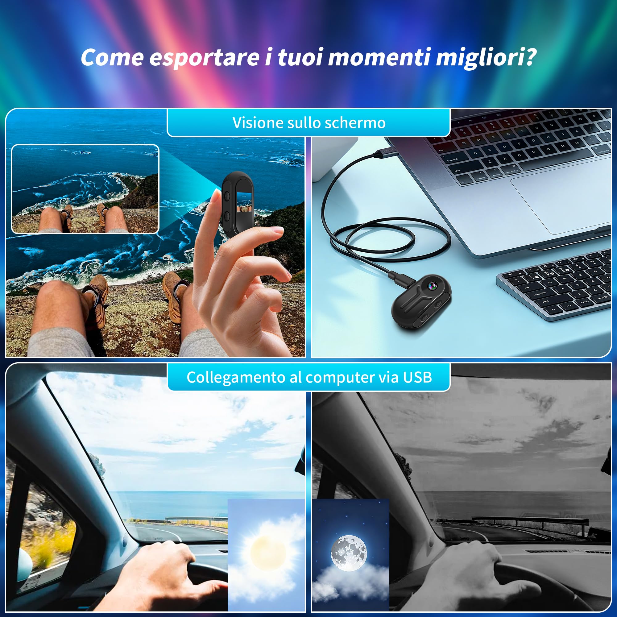 1080P Mini Action Cam, Body Camera, Pov Camera con Schermo LCD, Videocamera Portatile con Scheda da 64GB, Telecamera Sportiva, Mini Fotocamera per Ciclismo, Vlogging e Viaggi