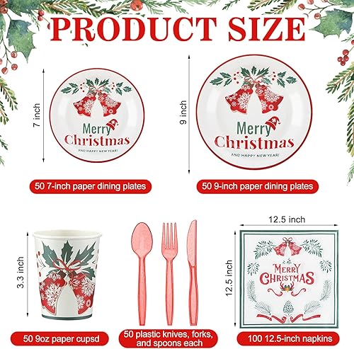 Miniatura 2 de Umigy Juego de 400 platos y servilletas de papel para fiesta de Navidad para 50 invitados, vajilla de Navidad, platos desechables, vasos,