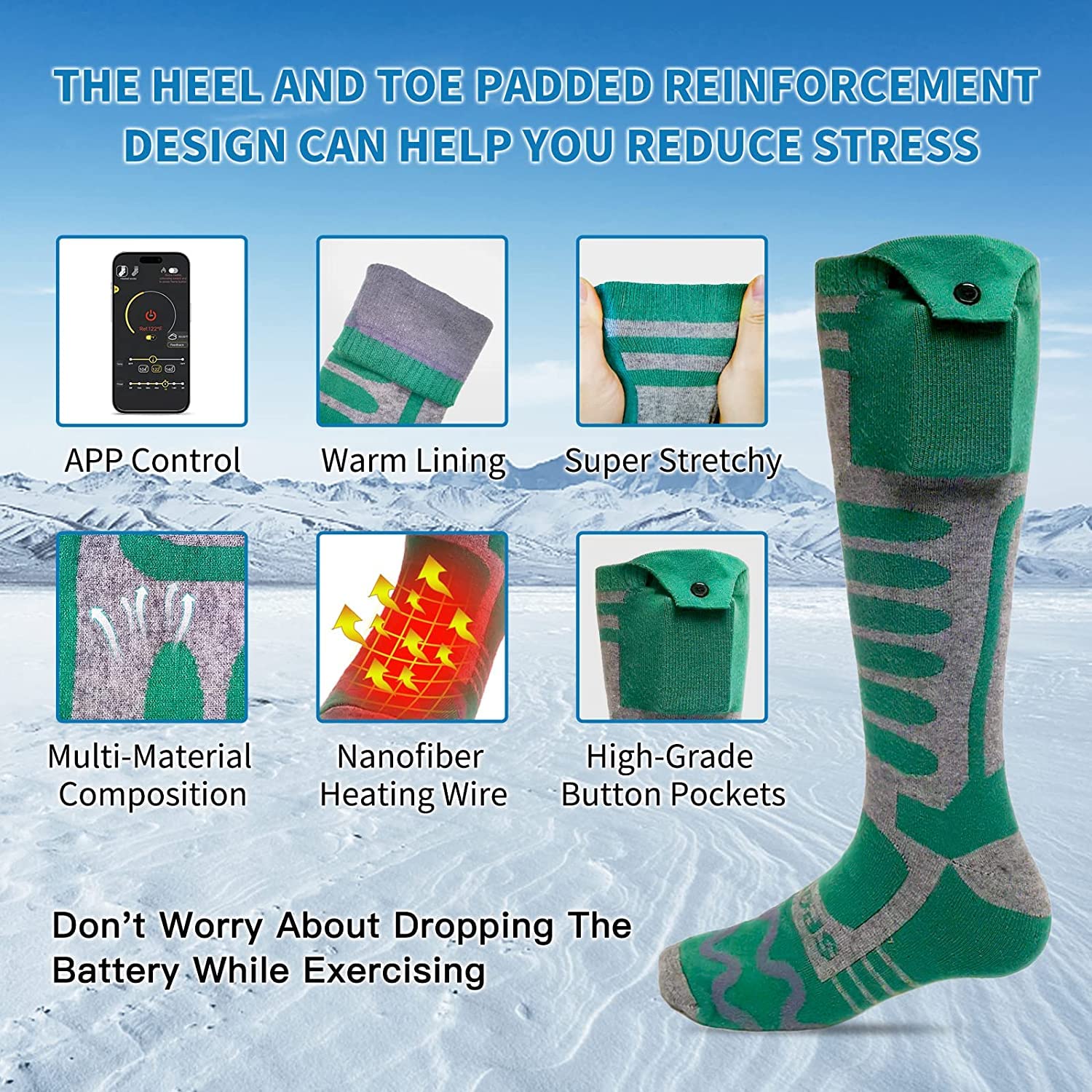Chaussettes Chauffantes Homme Femme, Chaussettes Chaudes avec Télécommande APP à Batterie 5000mAh, Chauffe-Pieds d'hiver en Coton pour Ski, Pêche, Snowboard, Randonnée