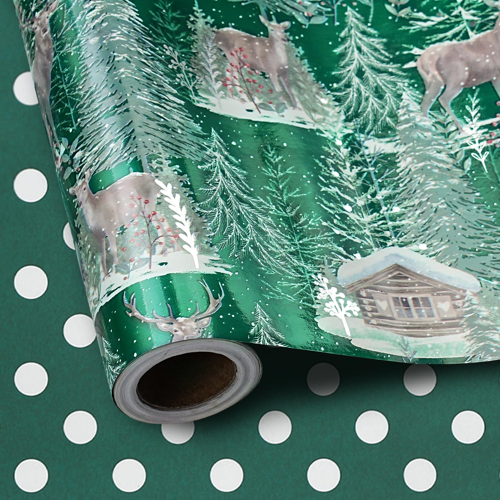 LeZakaa Reversible Christmas Wrapping Paper Roll - Deer & House Pattern, White Polka Dot for Christmas, Holiday, Party - 17 inches x 32.8 Feet (46.45 sq.ft.) — image 1