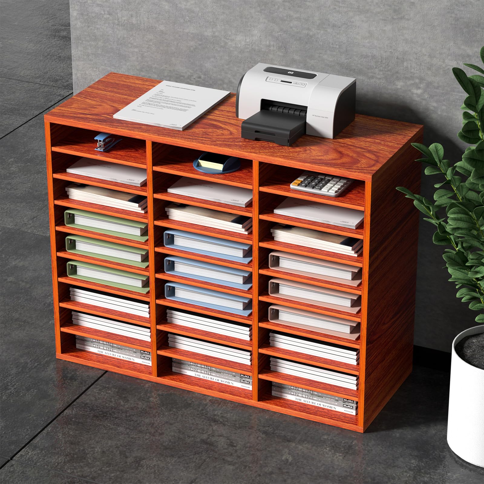 VEVOR Organisateur de Bureau en Bois 80x30,5x63 cm, Trieur de Fichiers à 27 Compartiments, Meuble à Courrier en MDF, Étagères Amovibles, Classeur pour Ranger Papiers Magazines Bureau École, Marron