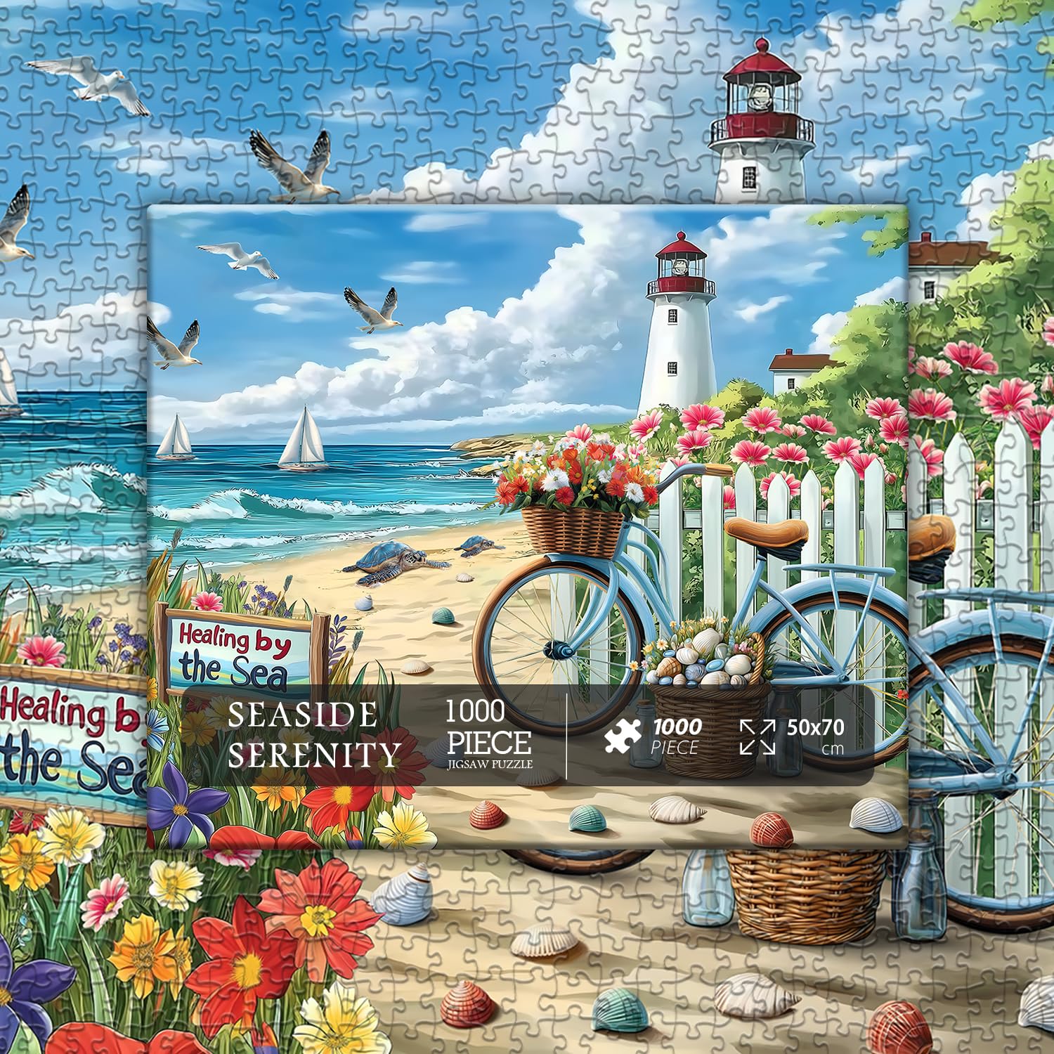 PICKFORU Beach Puzzles for Adults 1000 Pieces, Coastal Lighthouse Puzzle with Flowers Bike Sea Turtle, Nature Summer Ocean Jigsaw Puzzles, Seaside Scenery Challenge for Adults - Image 7