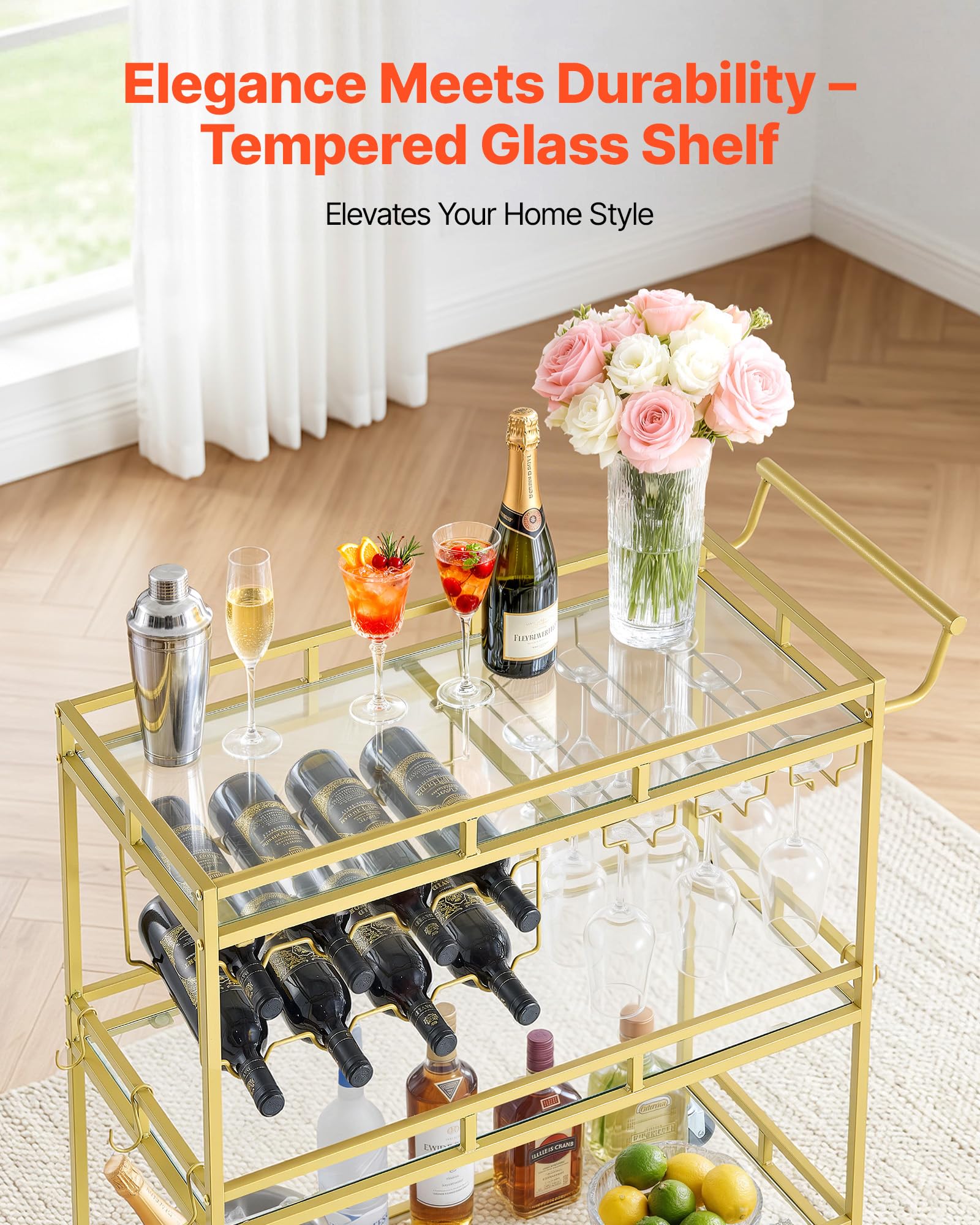 VEVOR Carro de Bebidas con Botellero de 3 Niveles, Carrito de Servicio con Ruedas y Asa, Estantes de Vidrio Espejado, Soporte para Copas, para Sala de Estar, Comedor, Cocina, 88x38x89 cm, Dorado