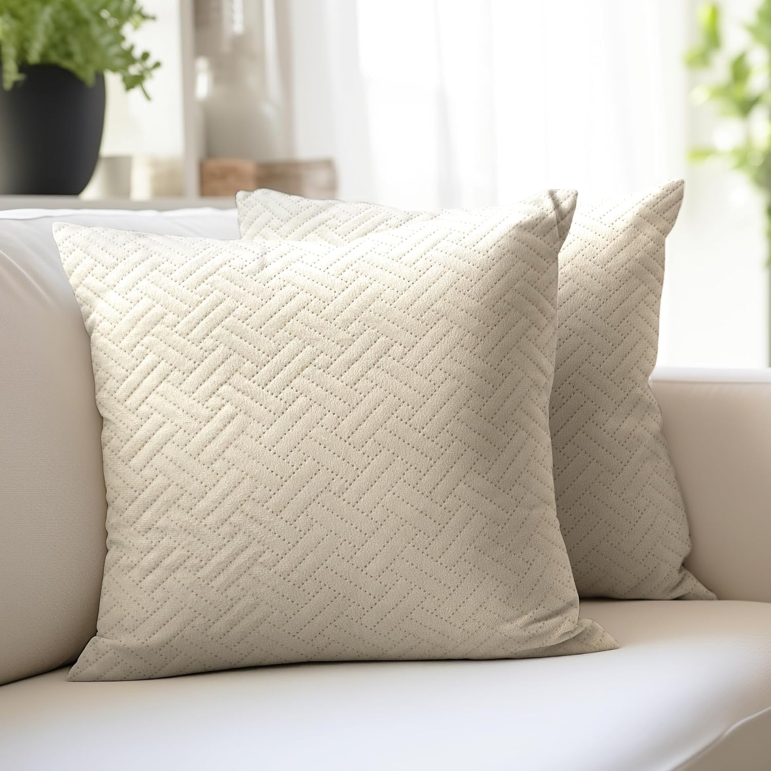 Encasa XO Throw Pillow Covers 24"x24" (Set of 2) | Solid Color Quilted Velvet Sofa Cushion Covers | No Insert | Both Side Quilted Fabric | Cream | Decorative Pillow Covers for Home