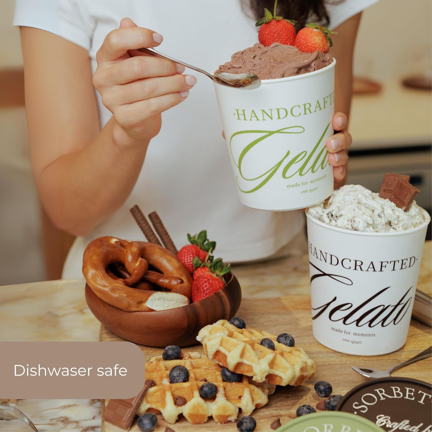 Ice Cream Containers Set of 2 with Wooden Cookbook Stand Freezer Storage for Homemade Ice Cream Gelato Sorbet Frozen Yogurt with Solid Wood Book Holder for Kitchen Counter