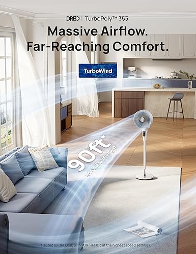Miniatura 7 de DREO Fan for Bedroom, 2026 Upgraded, 90ft Airflow, 20dB Quiet Fan, 90° Oscillating Standing Fan for Whole Room, DC Motor, 8+H Speeds, 3 Modes, Blanco