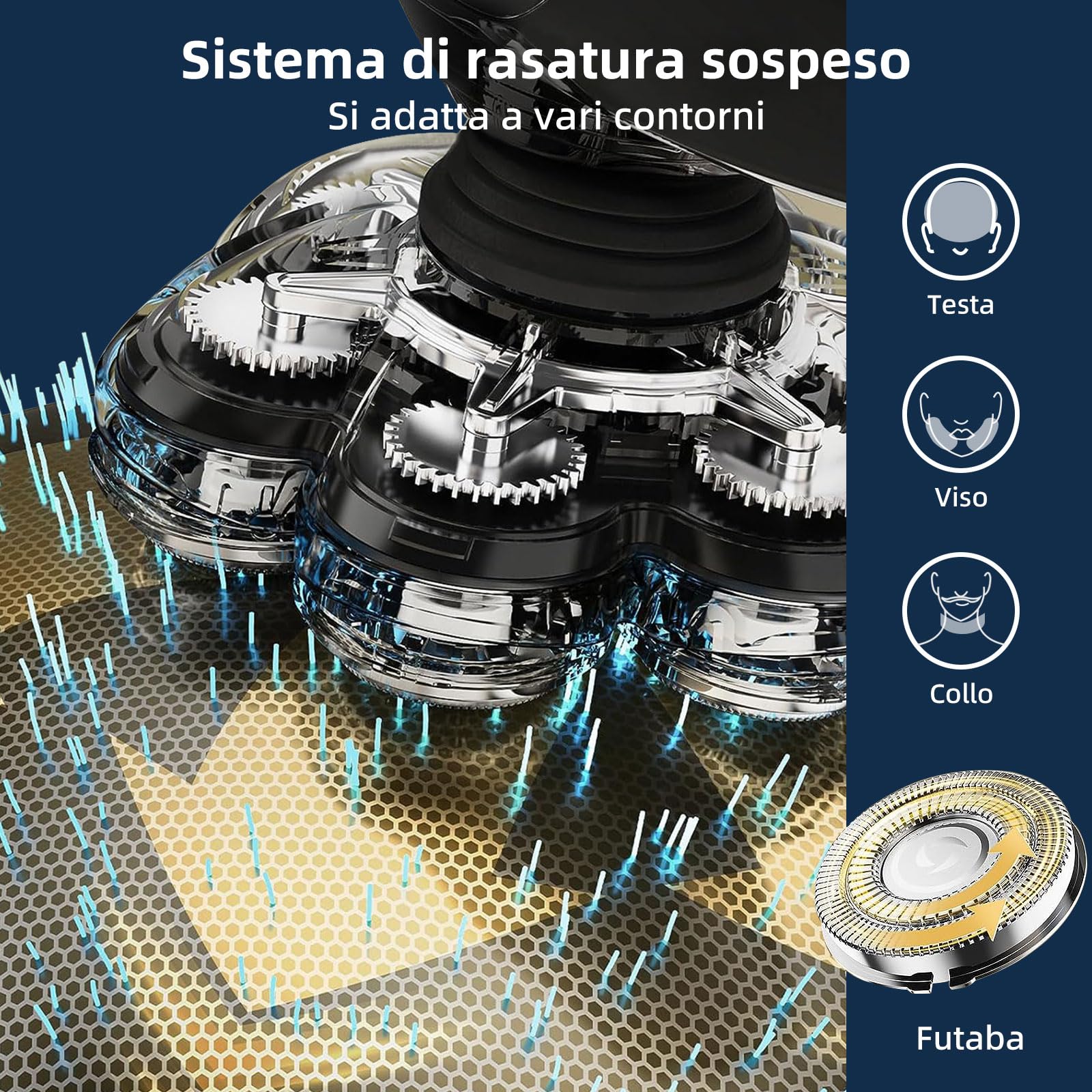 Rushmore Rose USA Rasoio Elettrico Barba Uomo 6 in 1, Rasoio Testa Calva con 7 Testine Rotanti, Impermeabile IPX7, Ricarica USB, Schermo LED Intelligente, Grigio