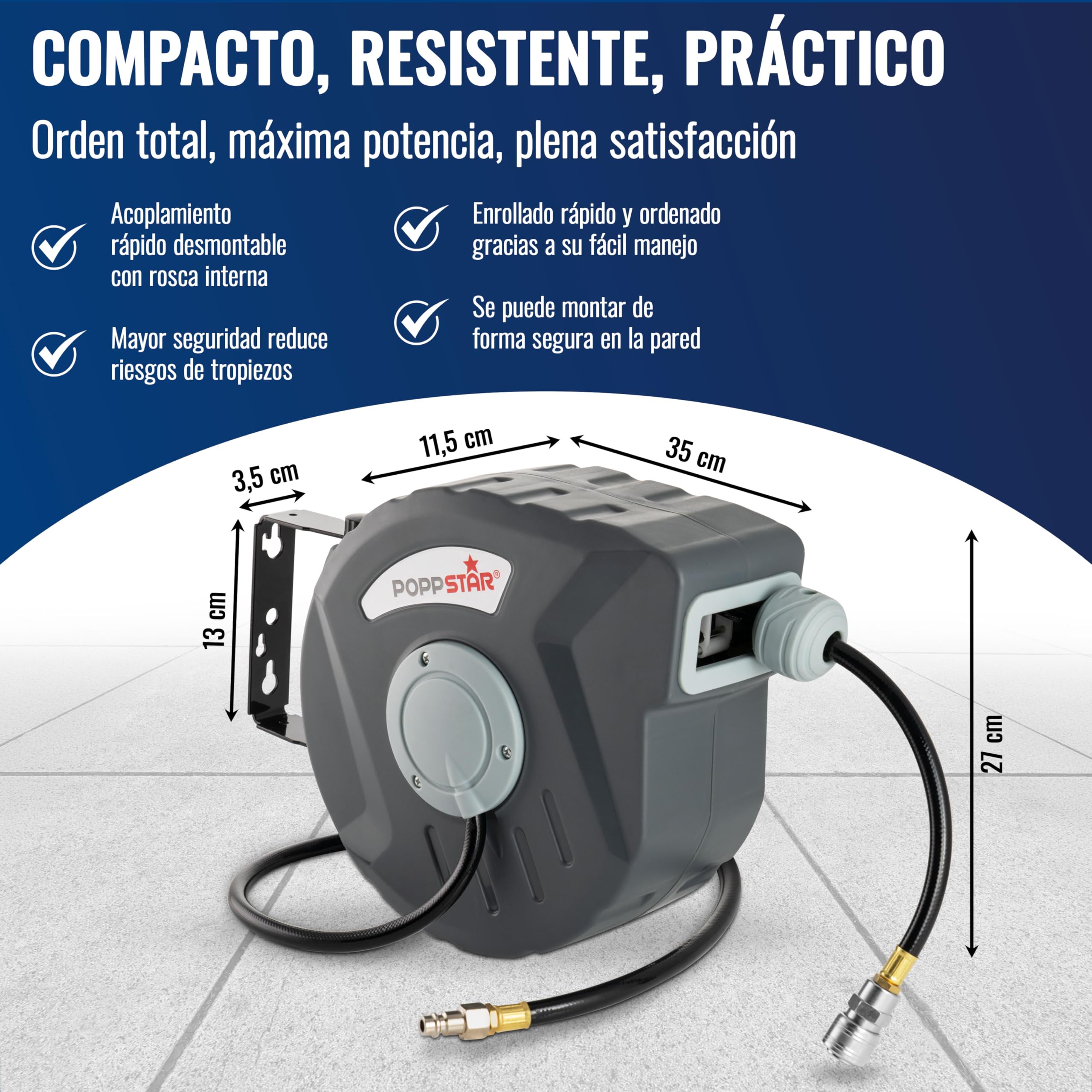 Poppstar Enrollador de manguera de aire comprimido (manguera: 10m + 1m, diámetro interno de 5/16" (8x12mm), 3/8" BSPT), mecanismo de enrollado para manguera de aire comprimido