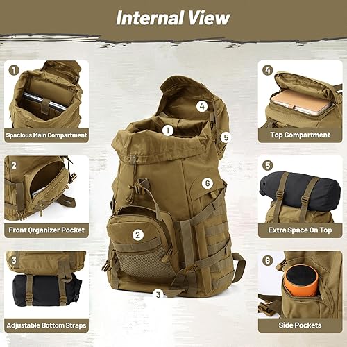 Miniatura 6 de Mochila táctica de 50L para hombres y mujeres, mochila Molle resistente al agua, paquete grande de asalto militar para senderismo