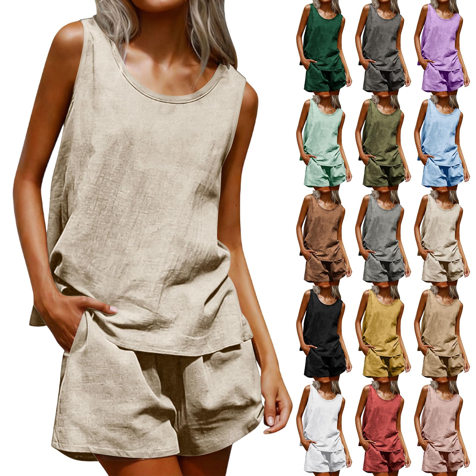 Zweiteiler Damen Sommer Leinen Tank Top und Shorts 2-Teilig Ärmellos Musselin Hosenanzug Leichte Einfarbig Outfits Atmungsaktiv Freizeitanzug Loungewear mit Taschen
