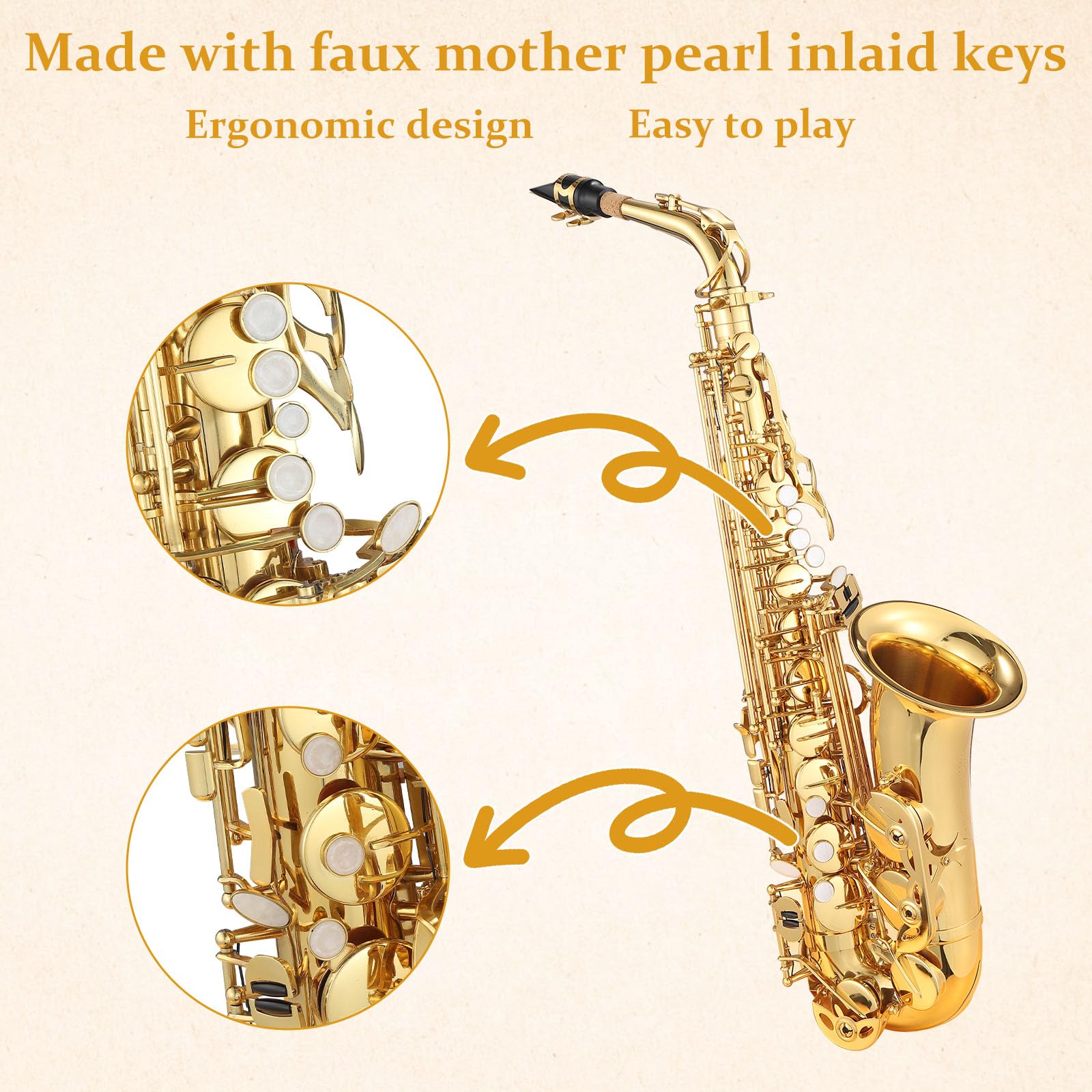 Senfot Student Eb Alto Saxophone Gold Lacquer Alto Sax Full Kit With Cleaning Cloth, Gloves, Brush, Headjoint, Reed, Strap, Stand, Tube Case, Saxophone for Beginners and Professional, Gold