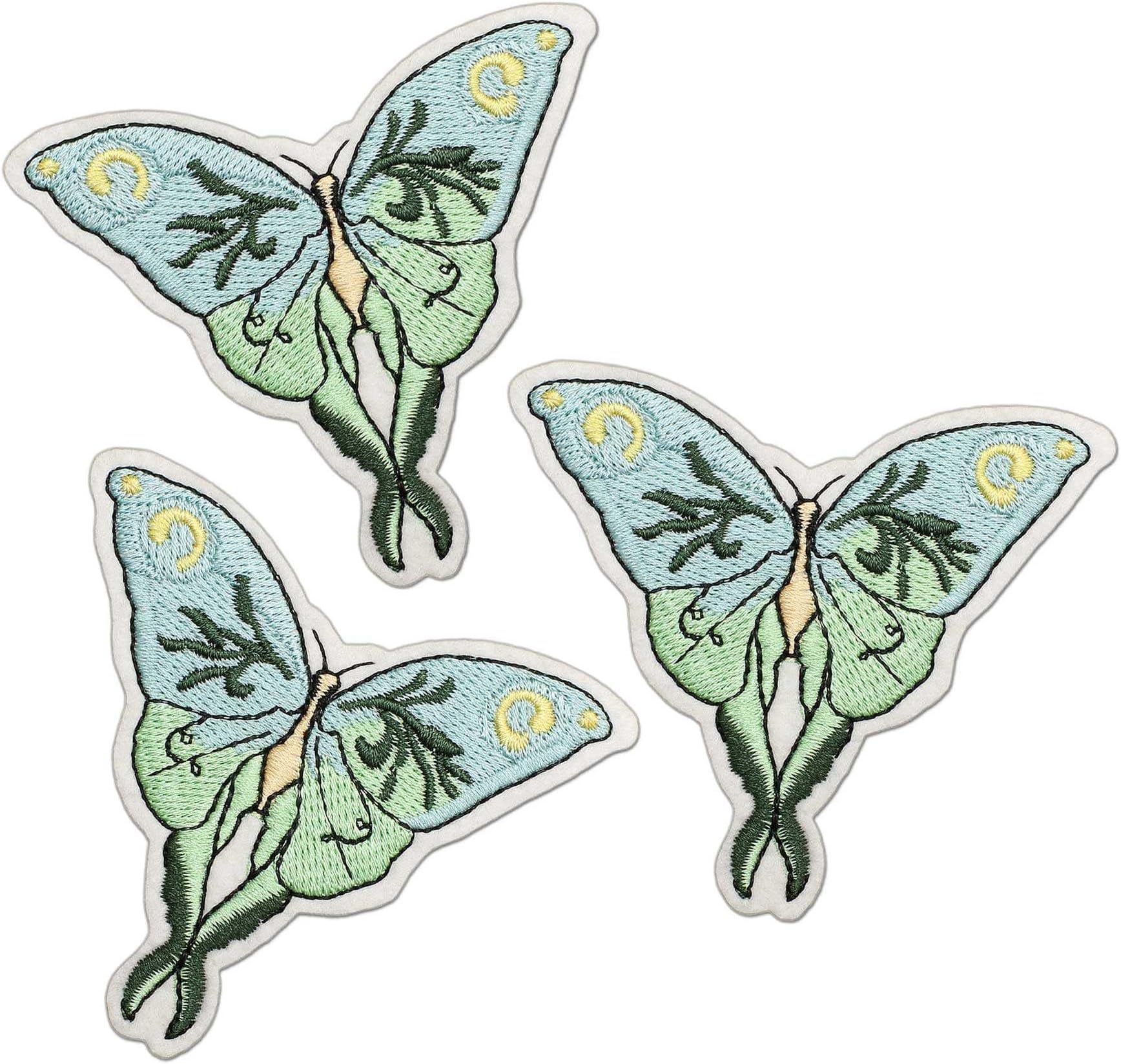 3-Pack Luna Moth Embroidery Iron On Patches - Nature Inspired Blue Green Butterfly Insect Embroidered Applique for Clothing, Hats, Backpacks, DIY Crafts