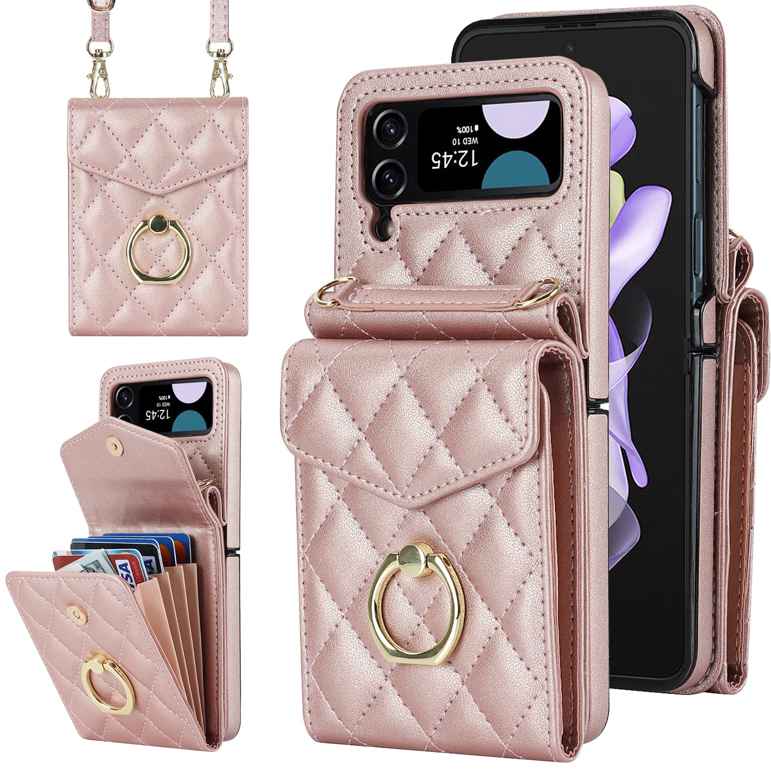 Asuwish Phone Case for Samsung Galaxy Z Flip 3 5G 2021 Wallet Cover with RFID Blocking Ring Crossbody Wrist Strap Stand Credit Card Holder Leather Cell Accessories ZFlip3 Z3 Flip3 3Z Women Rose Gold