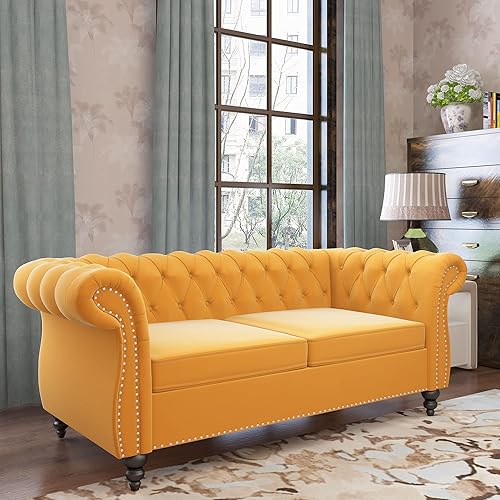QHITTY Accent Sofa, Chesterfield Loveseat Modern Velvet Couch Upholstered Sofa with Tufted Back for Living Room Furniture (Mango)