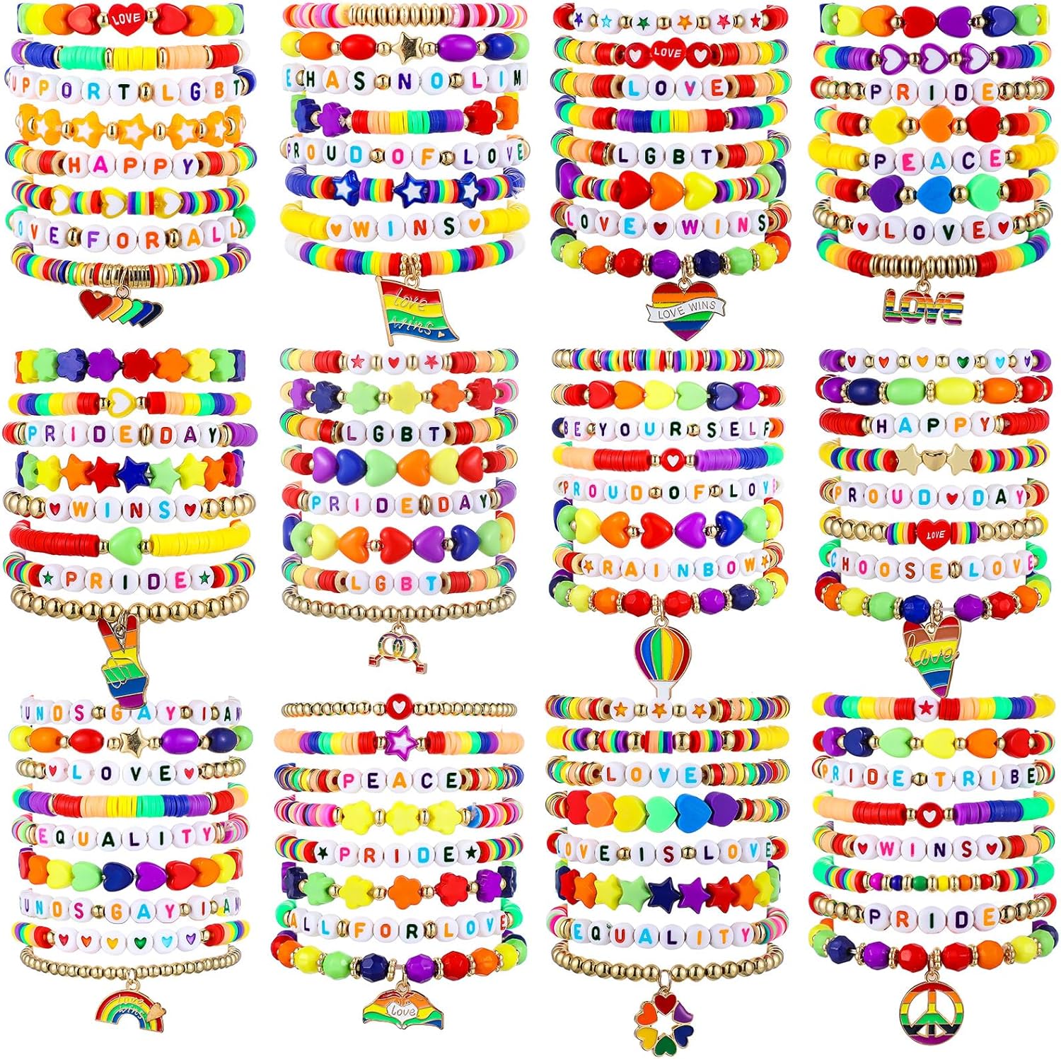Ecally 96 Pcs Gay Pride Bracelet Bulk Rainbow Pride Clay Beaded Bracelets Set LGBT Pride Rainbow Stretch Bracelets for Party Favor Accessories Jewelry Gifts