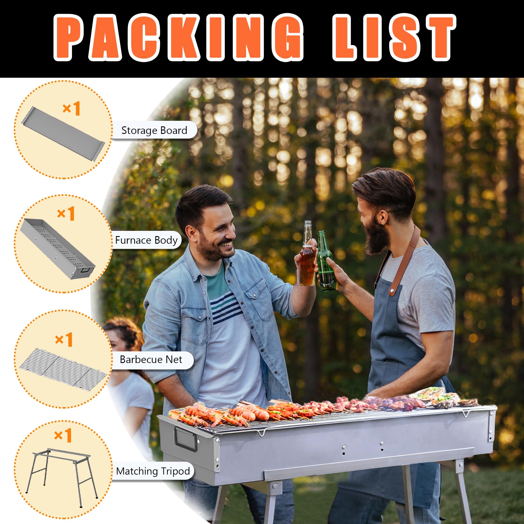 Gril à charbon de bois portable, 81,3 x 25,4 cm, planche de rangement avec pieds antidérapants, barbecue commercial, convient pour le camping, les fêtes, le jardin, l'extérieur, les voyages