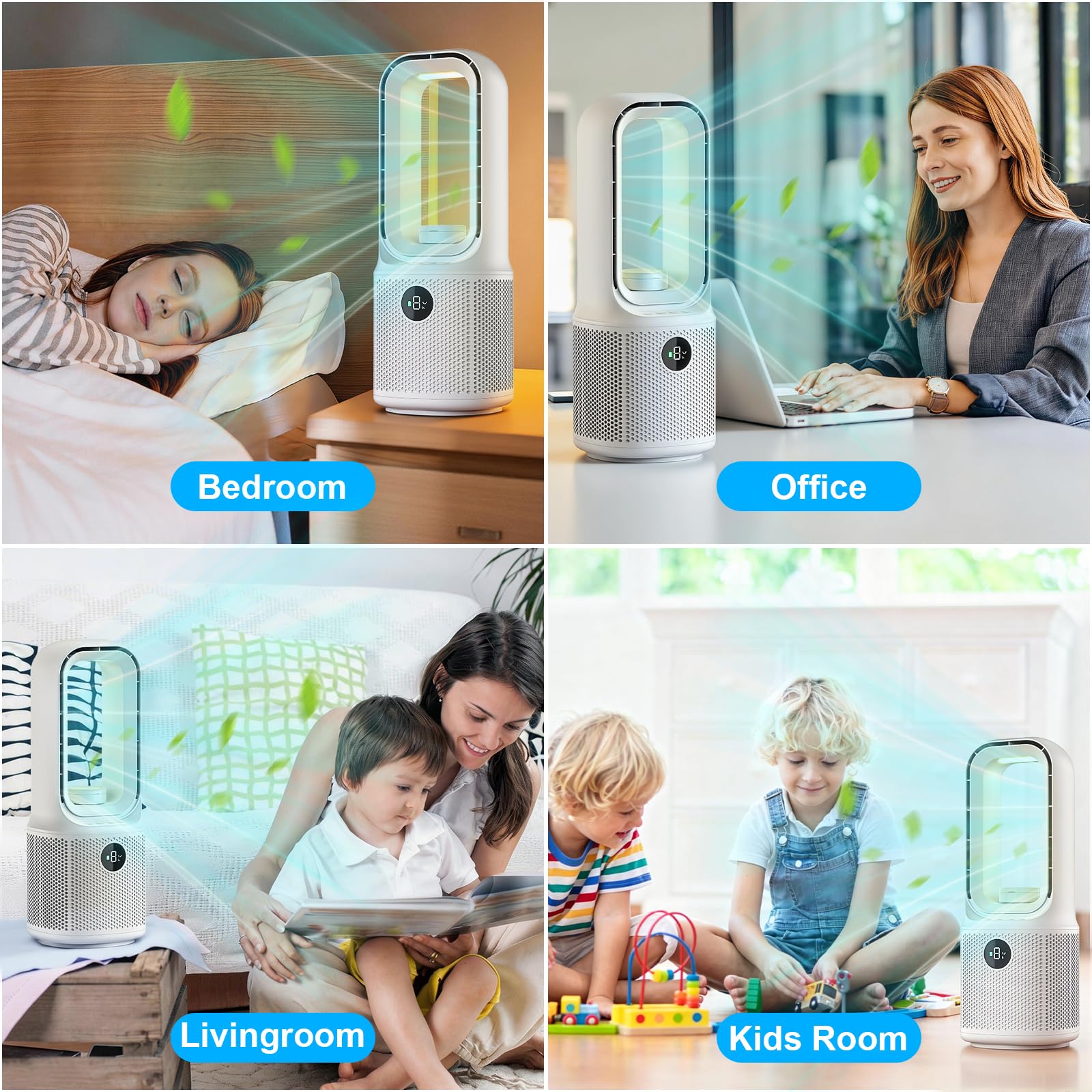 13'' Ventilatore a Torre,9 Velocità,Oscillazione a 60°,Ventilatore Senza Pale con Luce Notturna a LED Dimmerabile & Timer,Funzionamento Ultra Silenzioso,per Camere da Letto, Uffici e Camerette