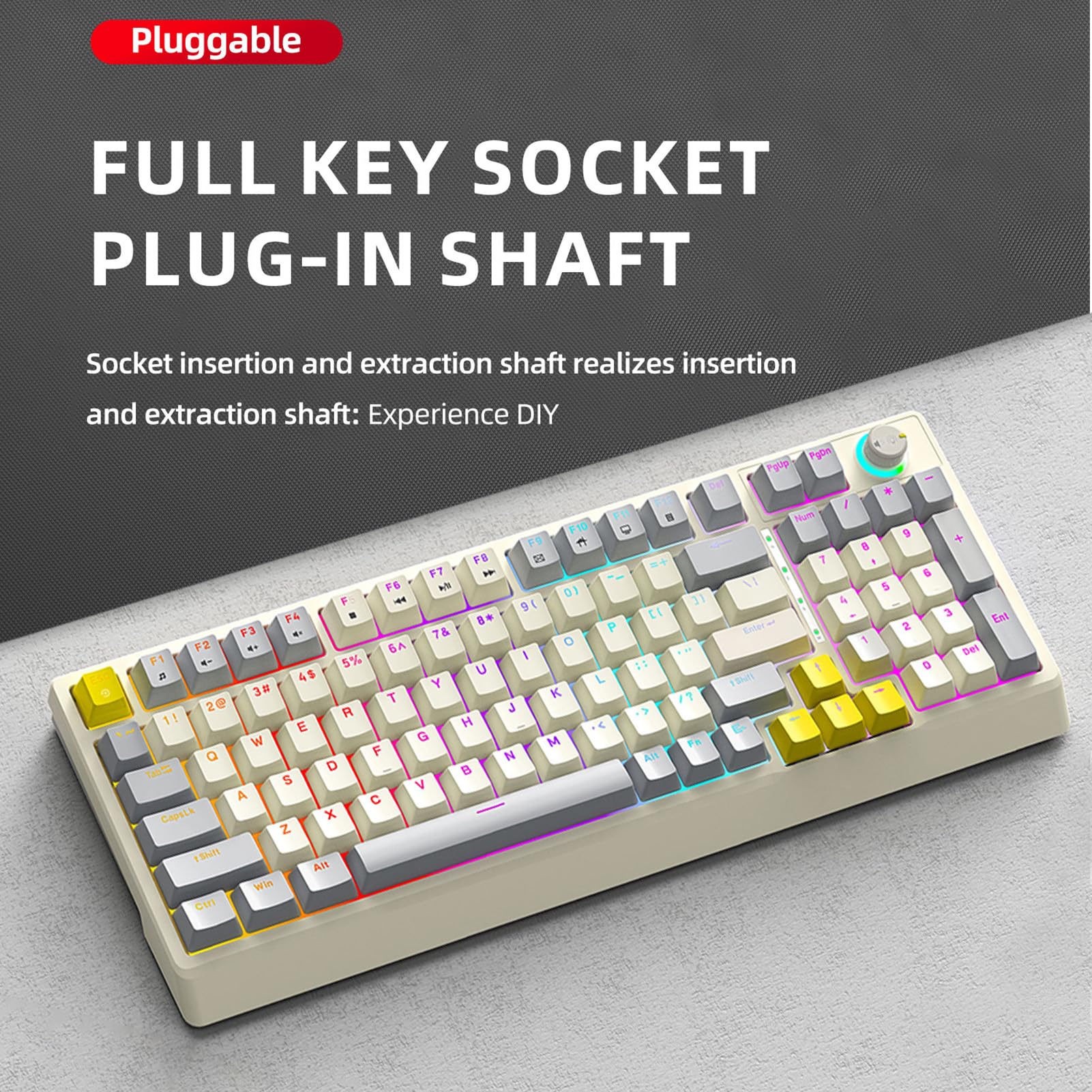 Jectse Klawiatura Mechaniczna T-WOLF T50 RGB, 98 Klawiszy z możliwością Wymiany Podczas Pracy, Niebieski Przełącznik z Dynamicznym Oświetleniem i Pokrętłem Sterującym, do Pisania na (Szary Beżowy