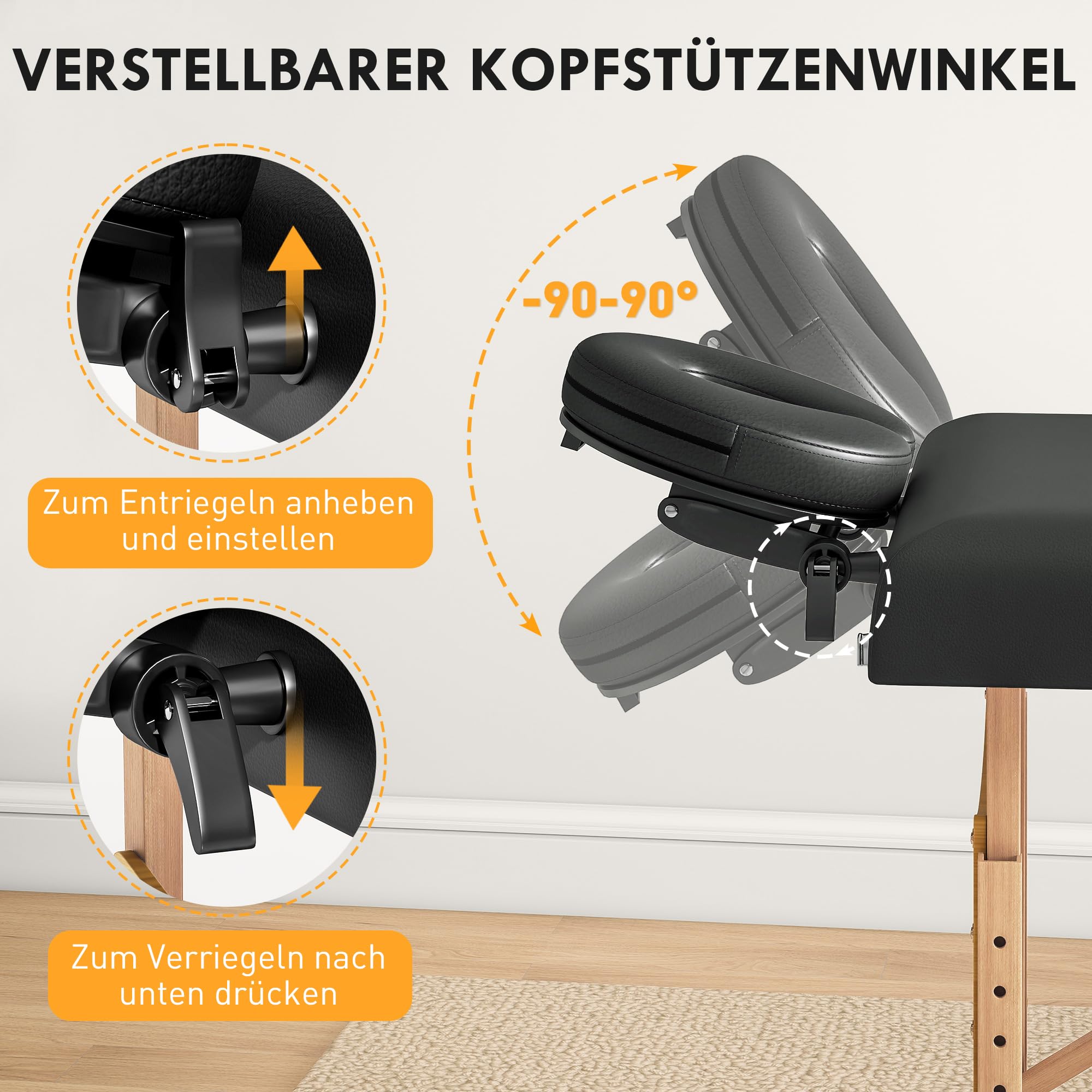 HOMCOM Mobile Massageliege 2 Zonen Klappbar Massagetisch Höhenverstellbar Massagebank 70 cm Breit mit Kopfstütze, Holzfüßen Massagebett Kosmetikliege Schwarz