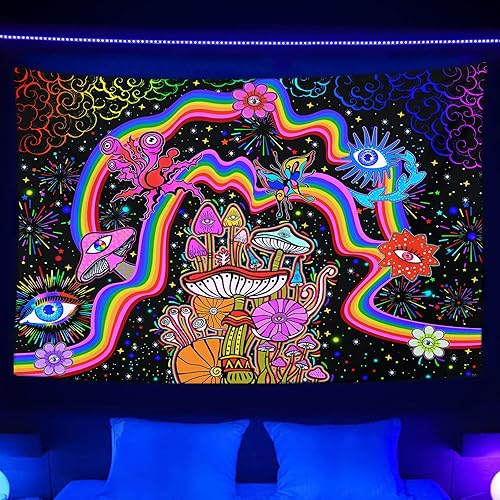 Miniatura 8 de NiYoung Tapiz Trippy para colgar en la pared, luz negra, arco iris, flores coloridas, ojos, estrellas, plantas mágicas, neón reactivo a los rayos