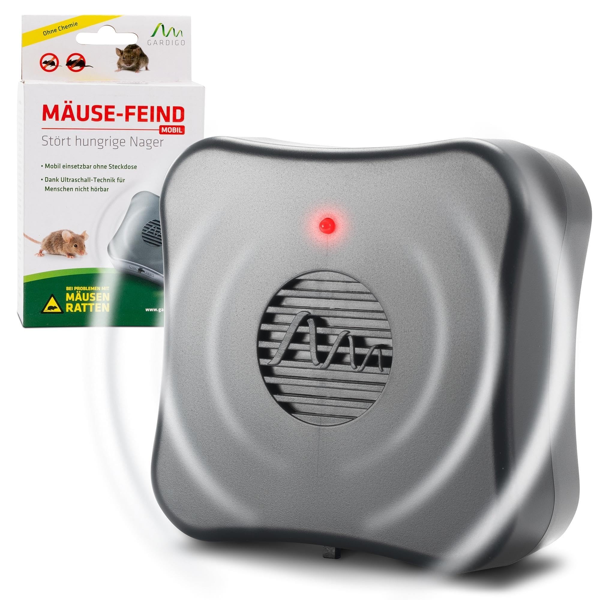Gardigo® Mäusevertreiber Mobil | Ultraschall Mäuseabwehr gegen Mäuse und Ratten | Mobil einsetzbar durch Batteriebetrieb | Wirkungsbereich bis ca. 40m² | Ratten vertreiben und Mäuse vertreiben