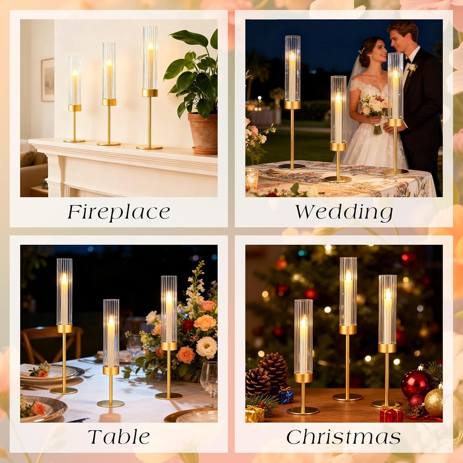 Ninonly Hurricane Candle Holders Set of 3, Tall Brass Candlestick Holders Metal Glass Candle Stands for Wedding Christmas Party Home Table Centerpiece Decorations