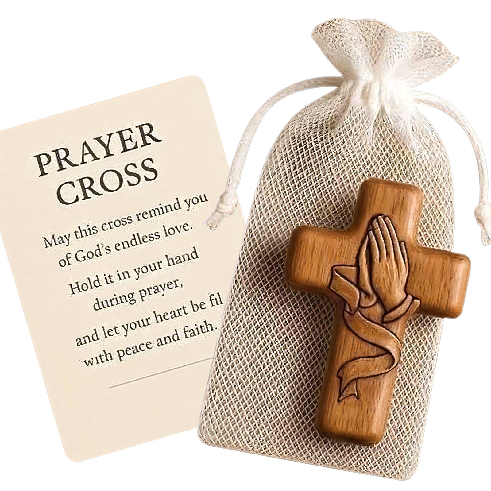 zhongko Wooden Prayer Cross, 1.9 * 1.1inch Handcrafted Wooden Cross with Inspirational Card & Drawstring Bag, Handheld Holding Prayer Crosses Gift for Christian, Patriotic Companions (1Pcs) — image 1