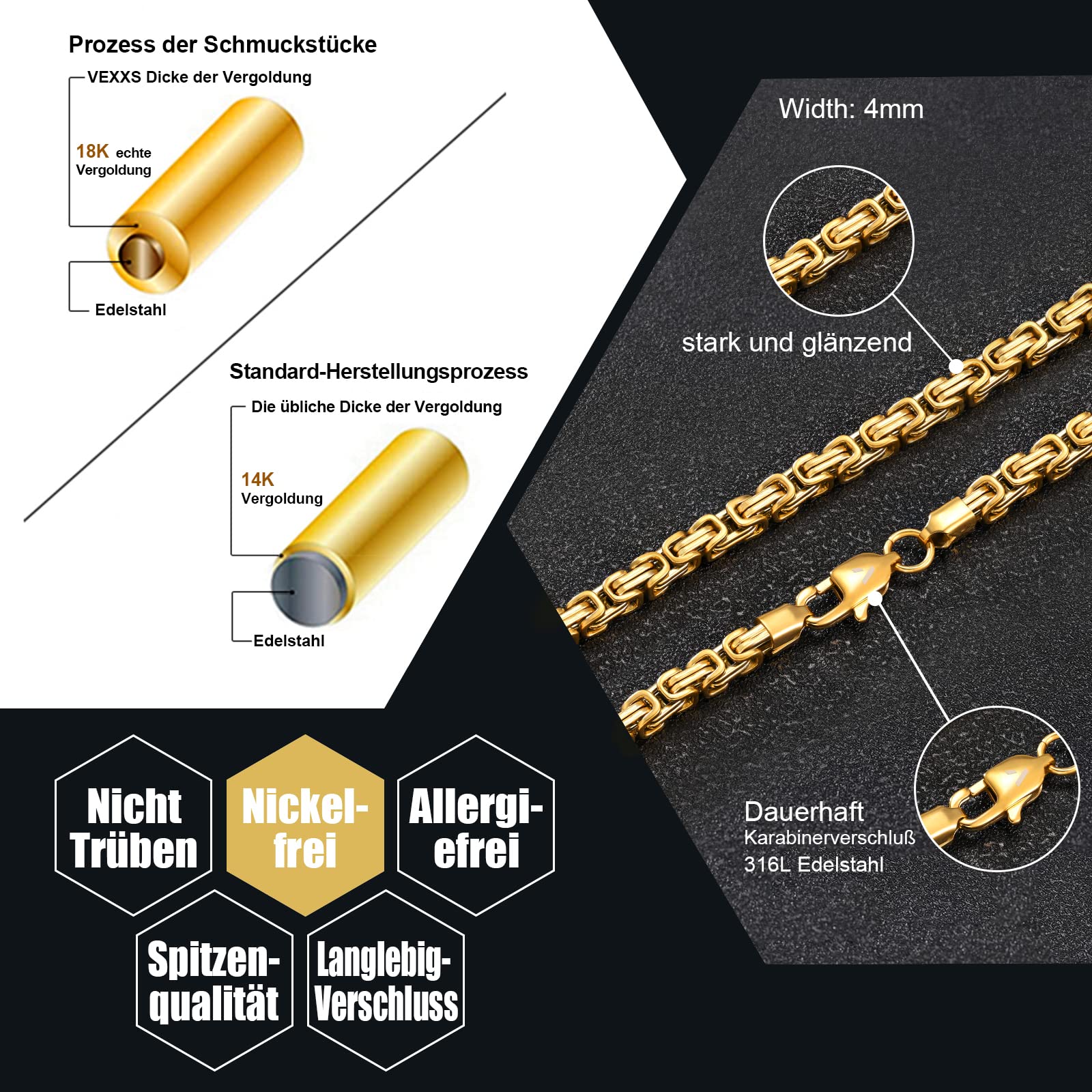 VEXXS Kette Herren 4/6mm, 18K Gold beschichtet Edelstahl Königskette, Byzantinische Goldkette für Herren Damen Mädchen Männer Jungen, Hip Hop Schmuck Geschenk,45-65cm