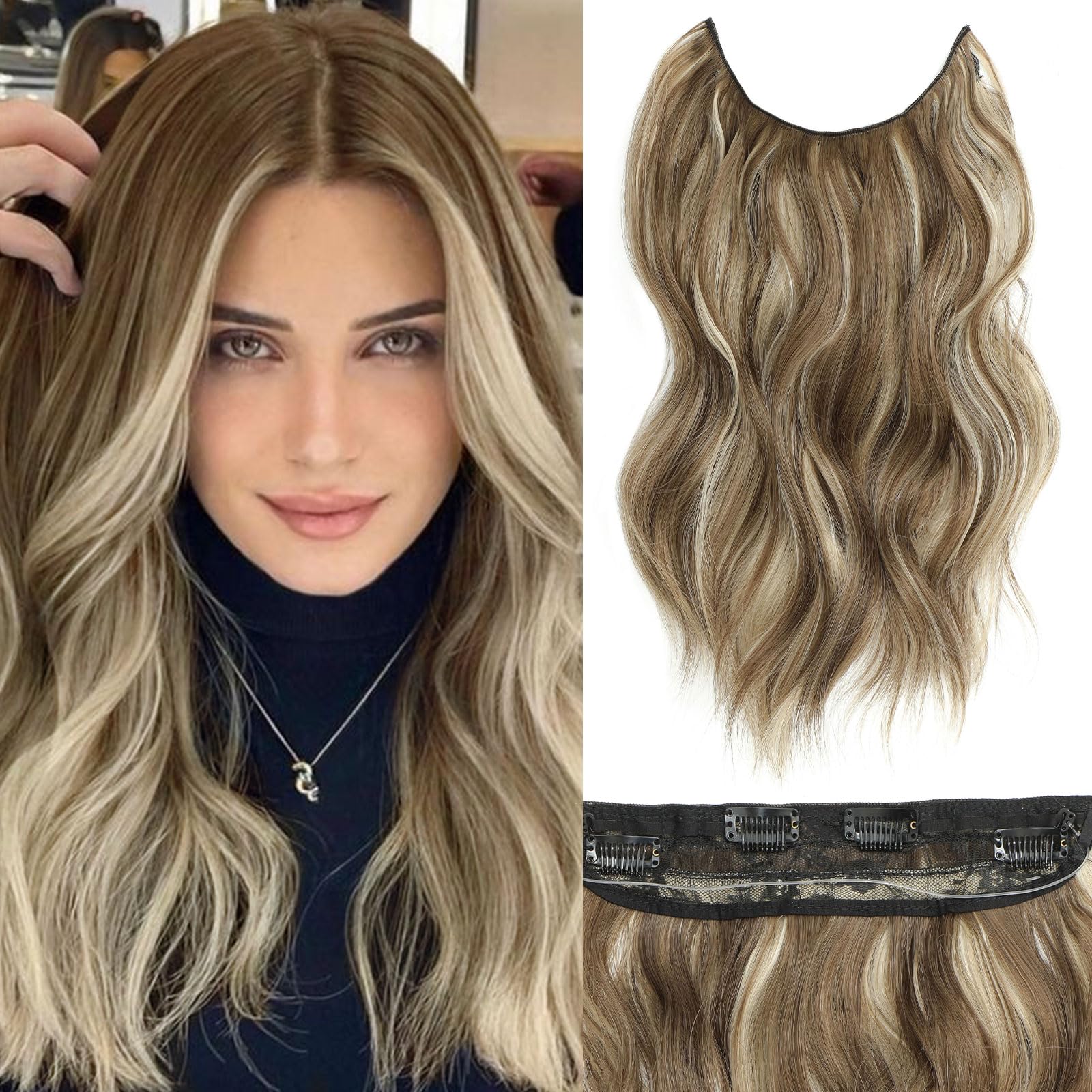 BUPPLER Halo Hair Extensions 16 Inch Invisible Wire Hair Extensions Adjustable Long Wavy Hairpiece Synthetic Upgrade 4 Secure Clips in Hairpieces 16 Inch,Medium Brown Mix Medium Blonde