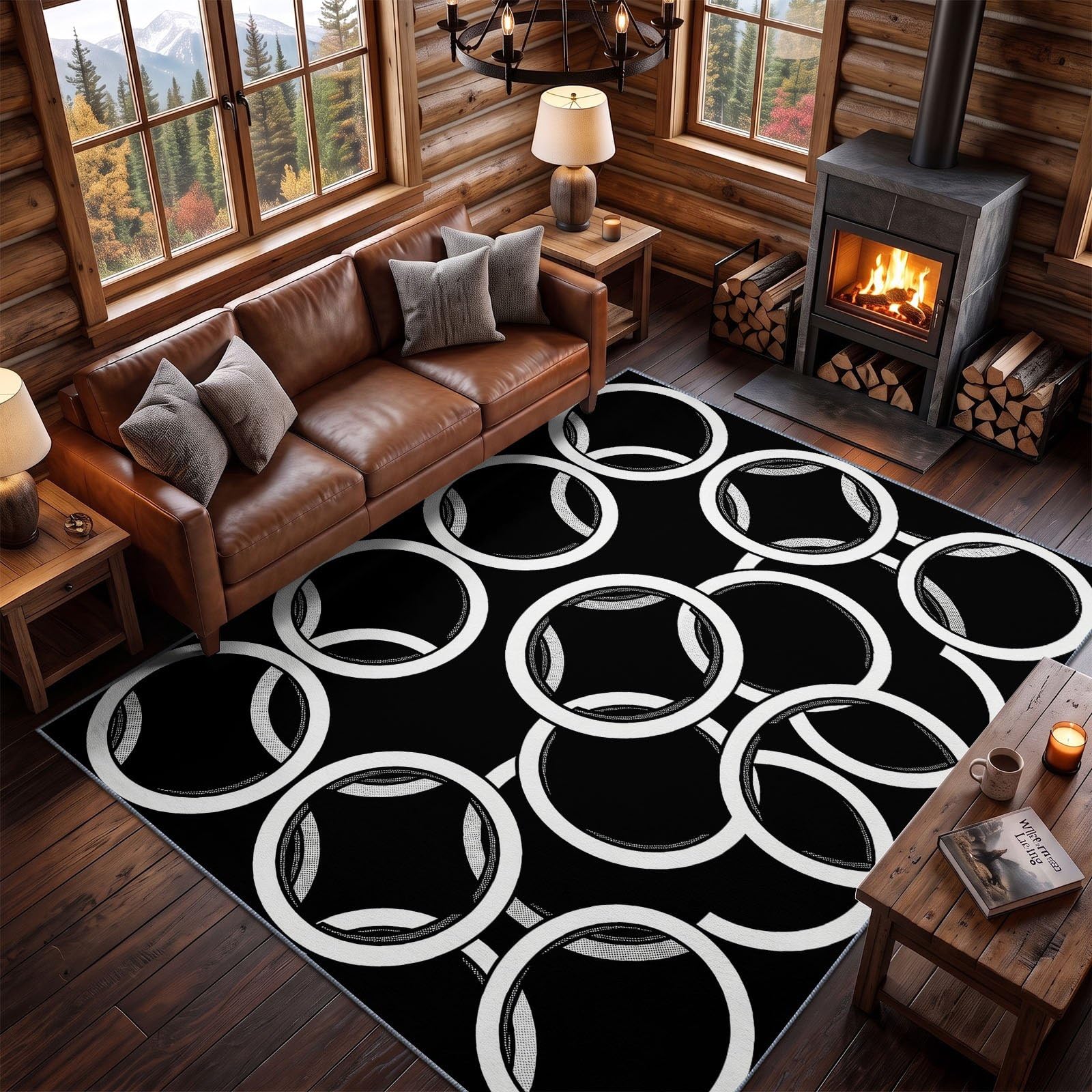 Noir Blanc Moderne Géométrique Tapis Salon Cercle Anneau Rug Lavable en Machine | Antidérapant Rugs, Chambre Descente de Lit Salle a Manger Bureau Cuisine Interieur Poil Ras Carpet 60 x 110 cm