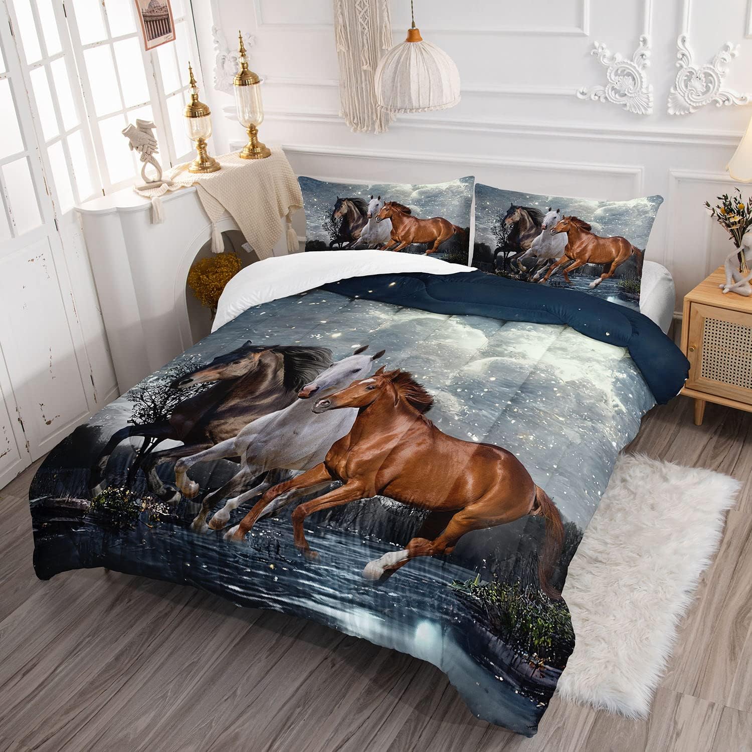 Galloping Horse Comforter Bedding Set,Teens Wild Animal Horse Galloping 3D Elegant Western Horses Print Comforter with 2 Pillowcases(Horse Galloping Queen) - Image 3
