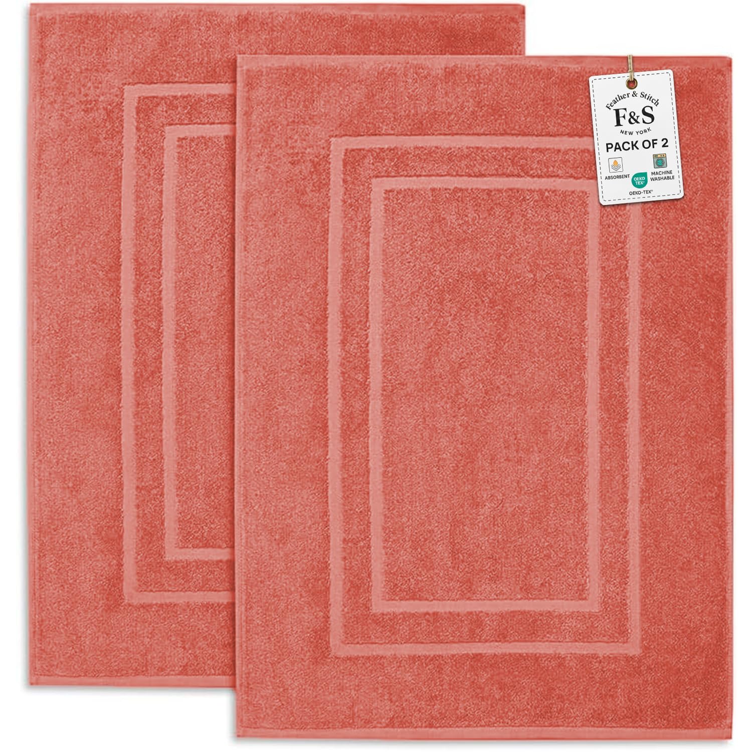 Feather & Stitch 2 Piece Towel Like Bath Mats -30x21 Inch, 100% Cotton Terry Bath Mats, Bathroom Shower Floor Mats [NOT A Bathroom Rug], Soft