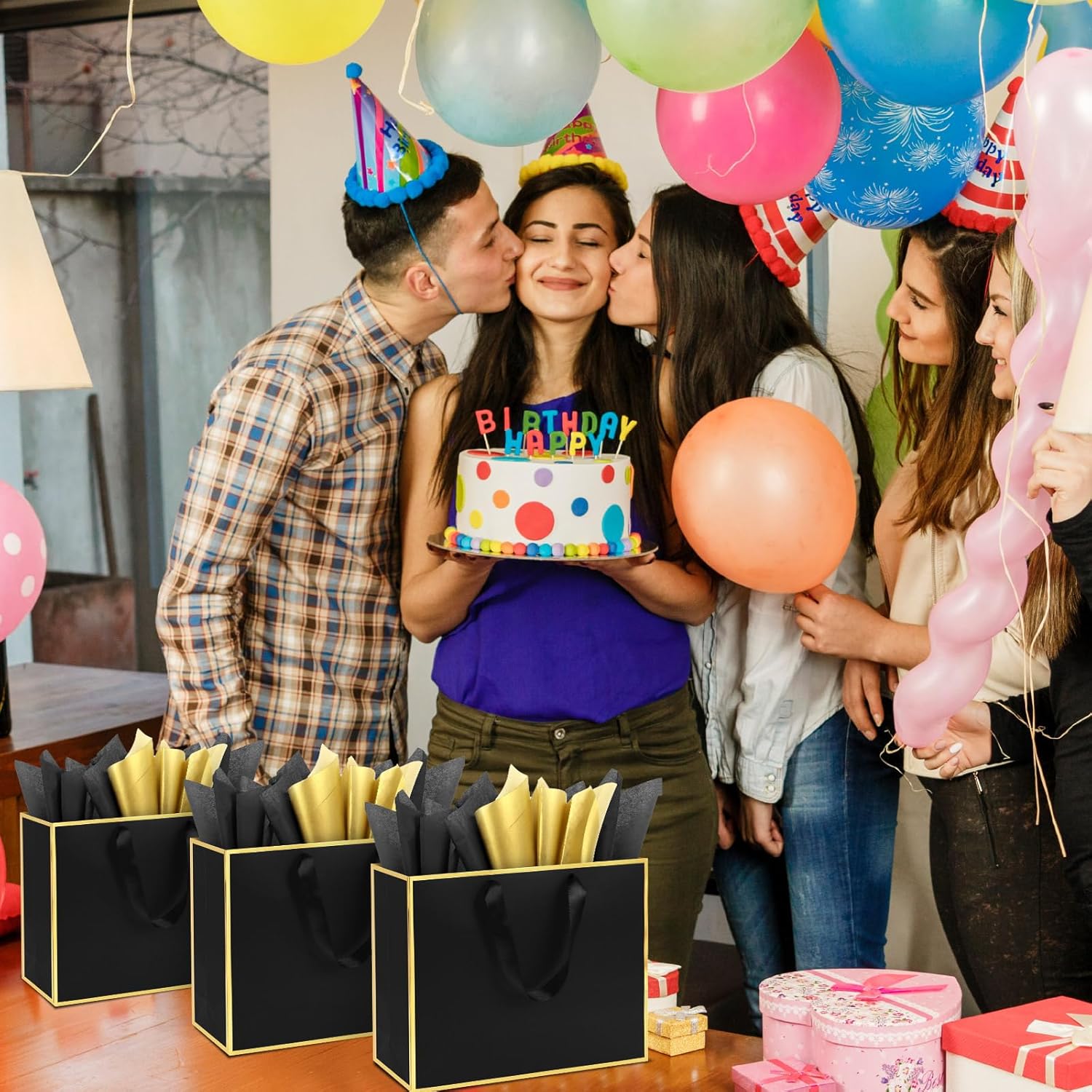 Addblu 12 Pack Large Gift Bags with Handles - Includes 36 Tissue Papers, 11.8x10x4 Inches for Thank You, Wedding, Bridesmaid, Christmas, Birthday, Party Five Senses Gifts (Black and Gold Trim, 12Pcs) - Image 6