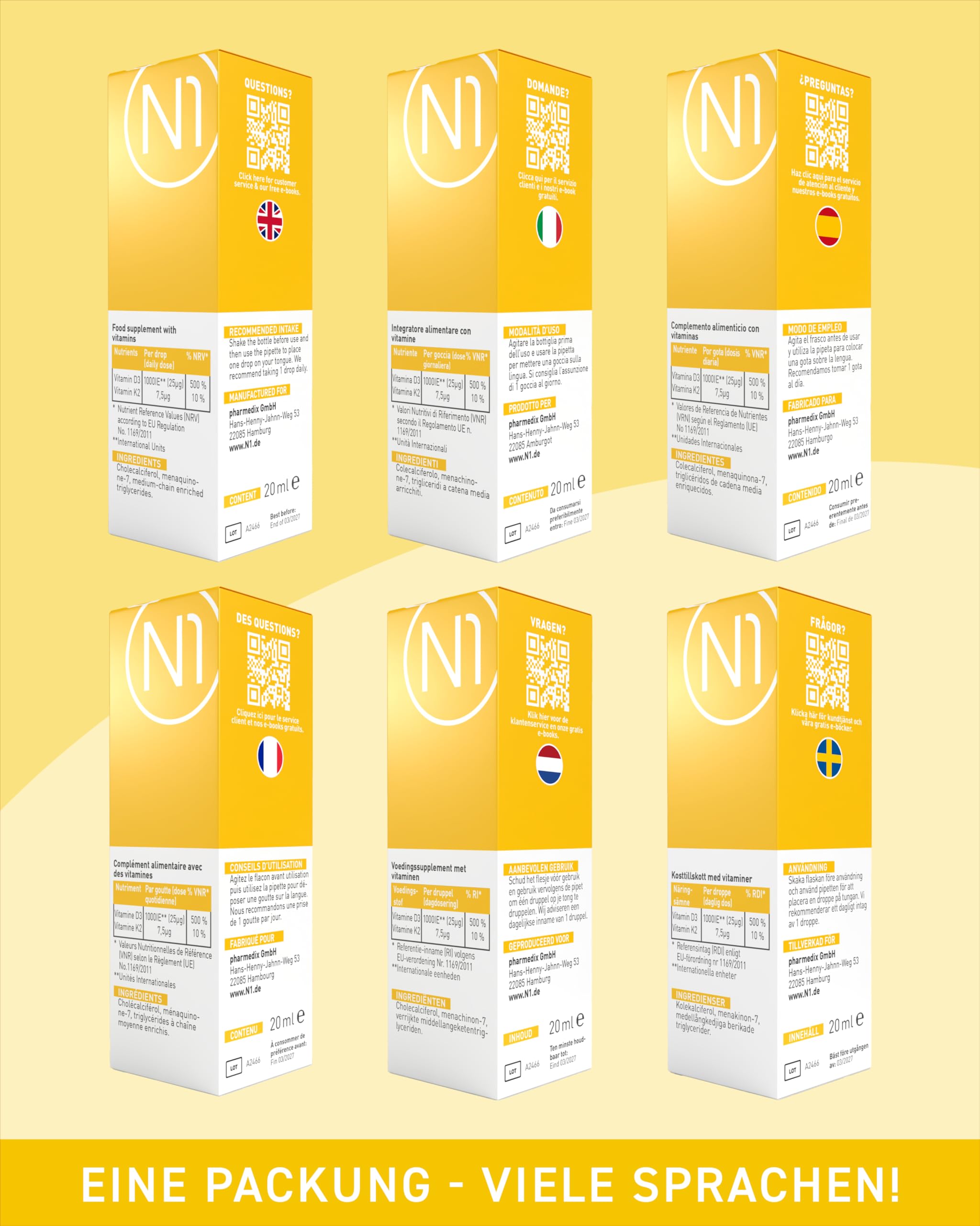 N1 Vitamin D3 K2 Tropfen 5x20ml - Hochdosiert & Optimal Dosiert | Premium mit 99,7% All-Trans K2VITAL von Kappa und bioverfügbarem D3 - für Knochen, Zähne und Immunsystem, ohne Zusätze