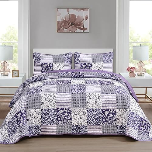 Mybedsoul Juego de edredón morado tamaño Queen, juego de colcha bohemia a cuadros florales de 3 piezas para todas las estaciones, juego de ropa de