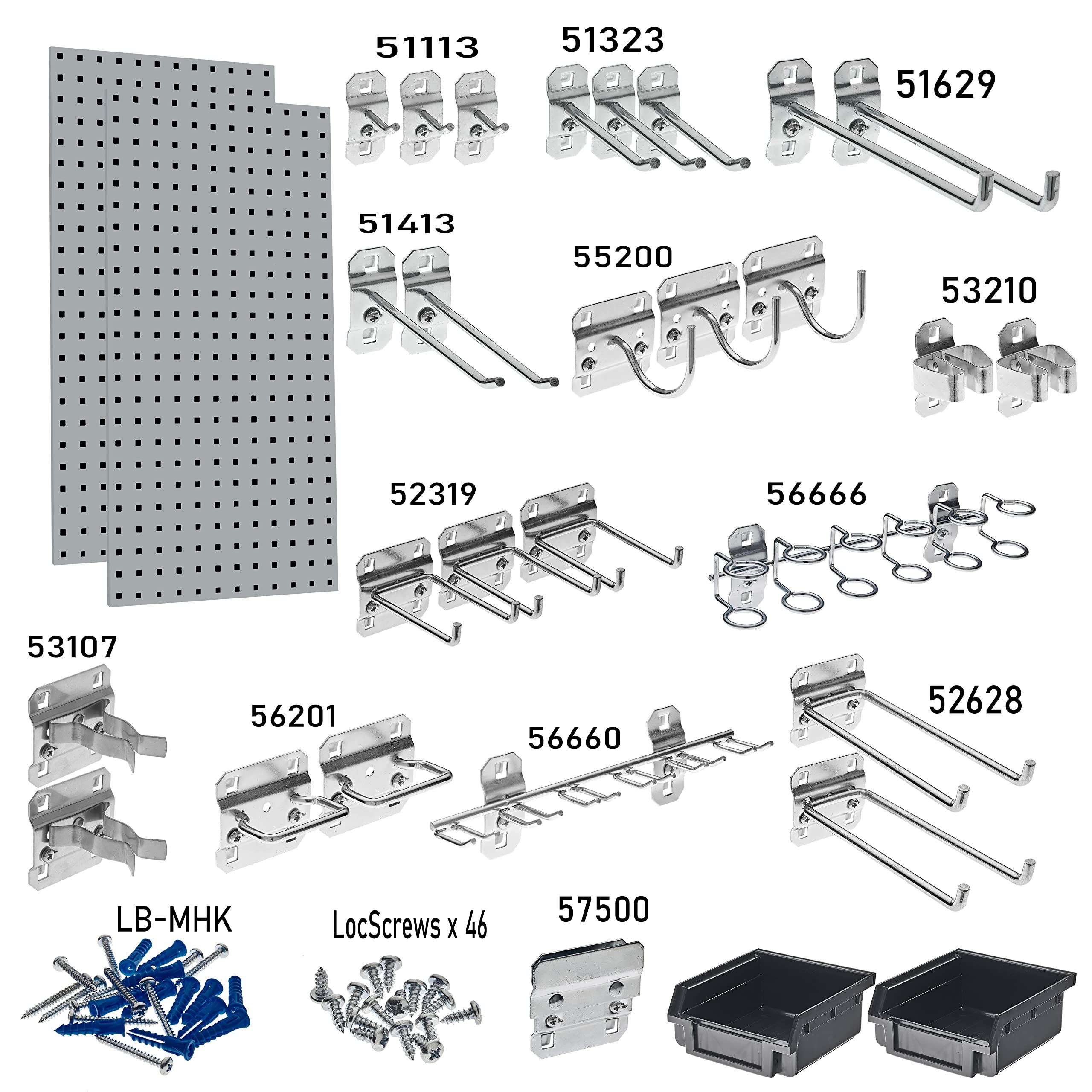 Triton Products (LB18-GKit) LocBoard (2) 18 In. W x 36 In. H x 9/16 In. D Gray Steel Square Hole Pegboards with 30 pc. LocHook Assortment & Hanging Bin System, Gray, 2-Pack