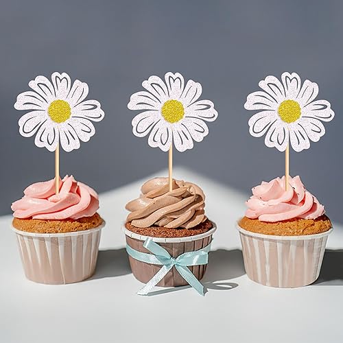 Miniatura 6 de Ercadio Paquete de 24 adornos de margaritas blancas para cupcakes, flores de margaritas blancas, decoraciones de pasteles para temática de
