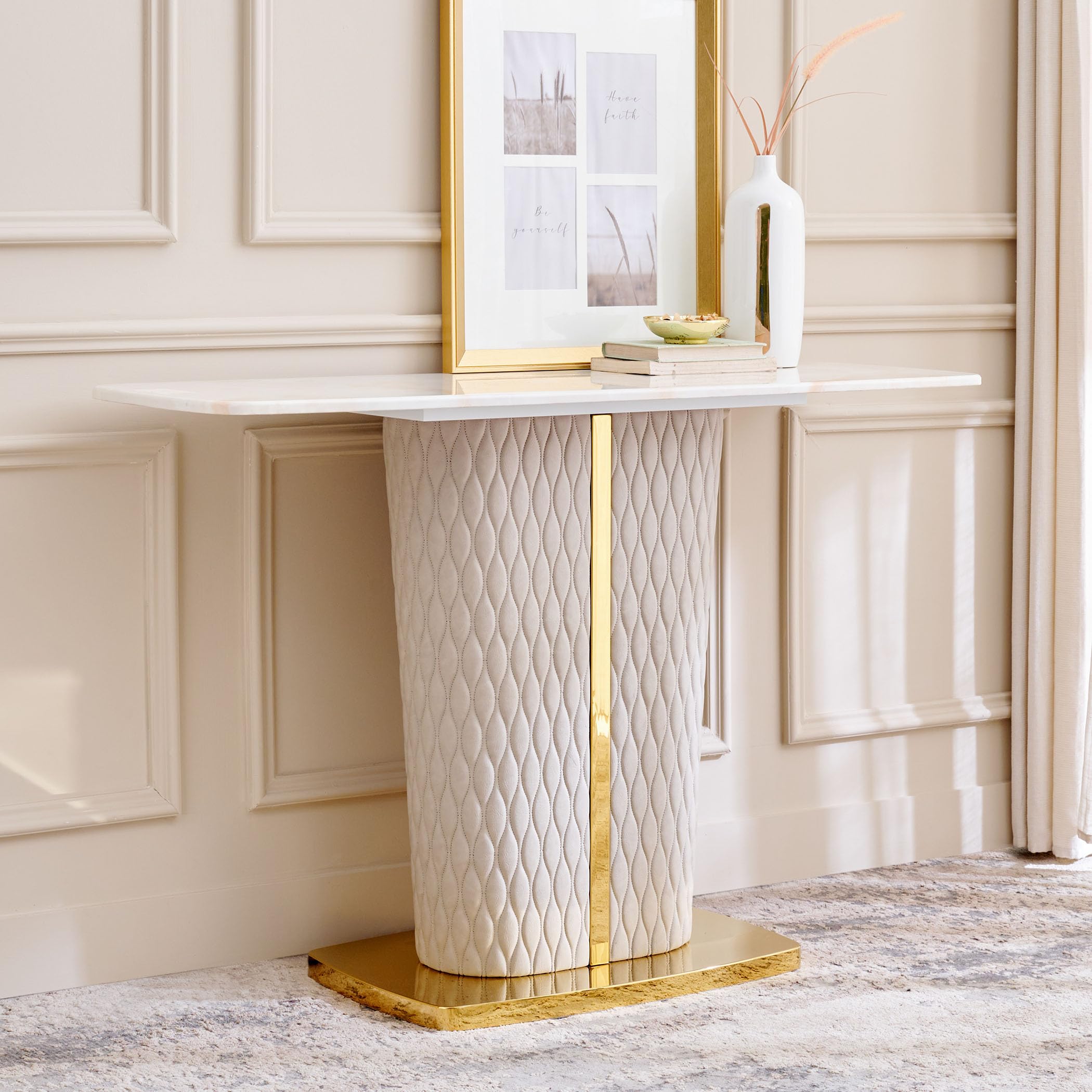 Home Centre Vegas Faux Marble Top Console Table | Faux Marble Top Console Table | Gold Colour | 1 Year Warranty