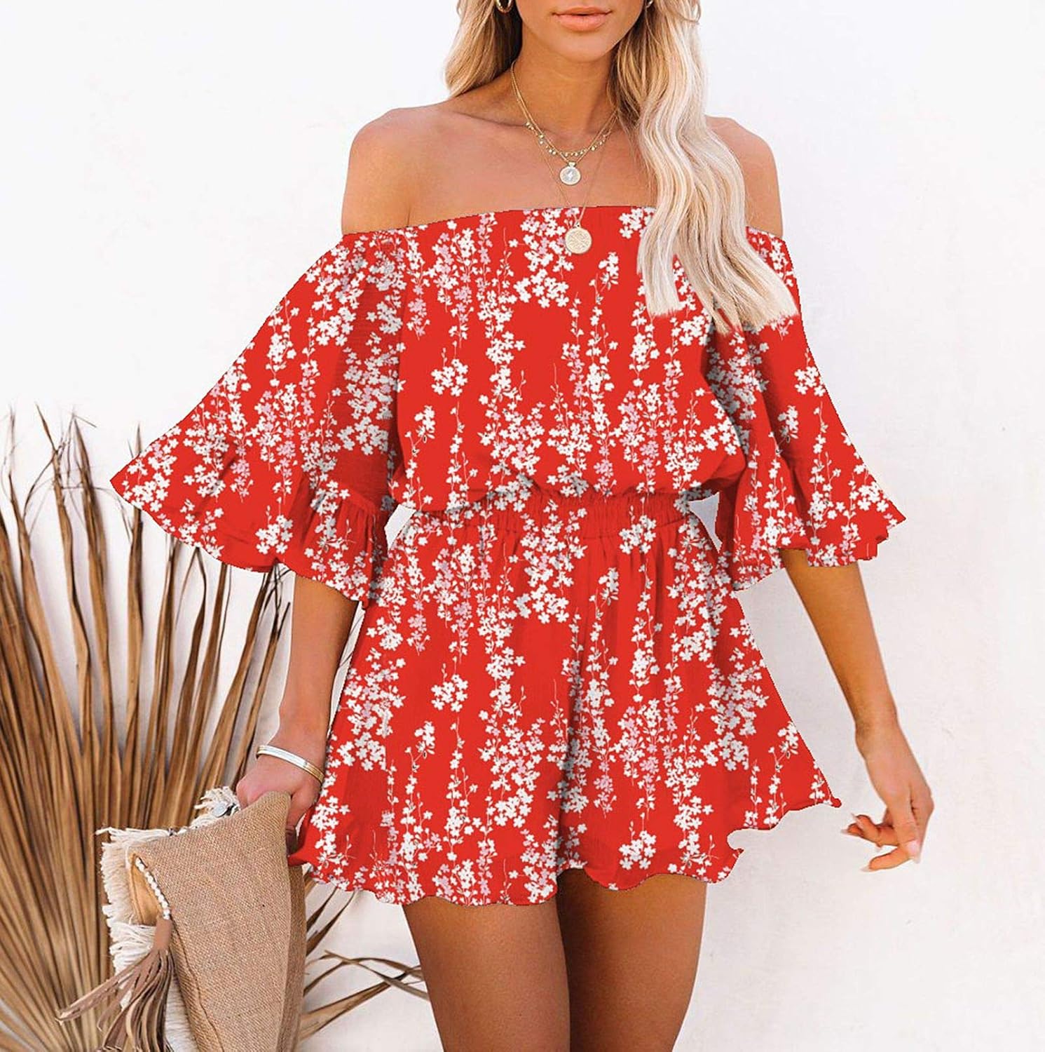 Fixmatti Women Boho Summer Romper Casual Floral Print Off Shoulder Strapless Shorts Jumpsuits - Image 2