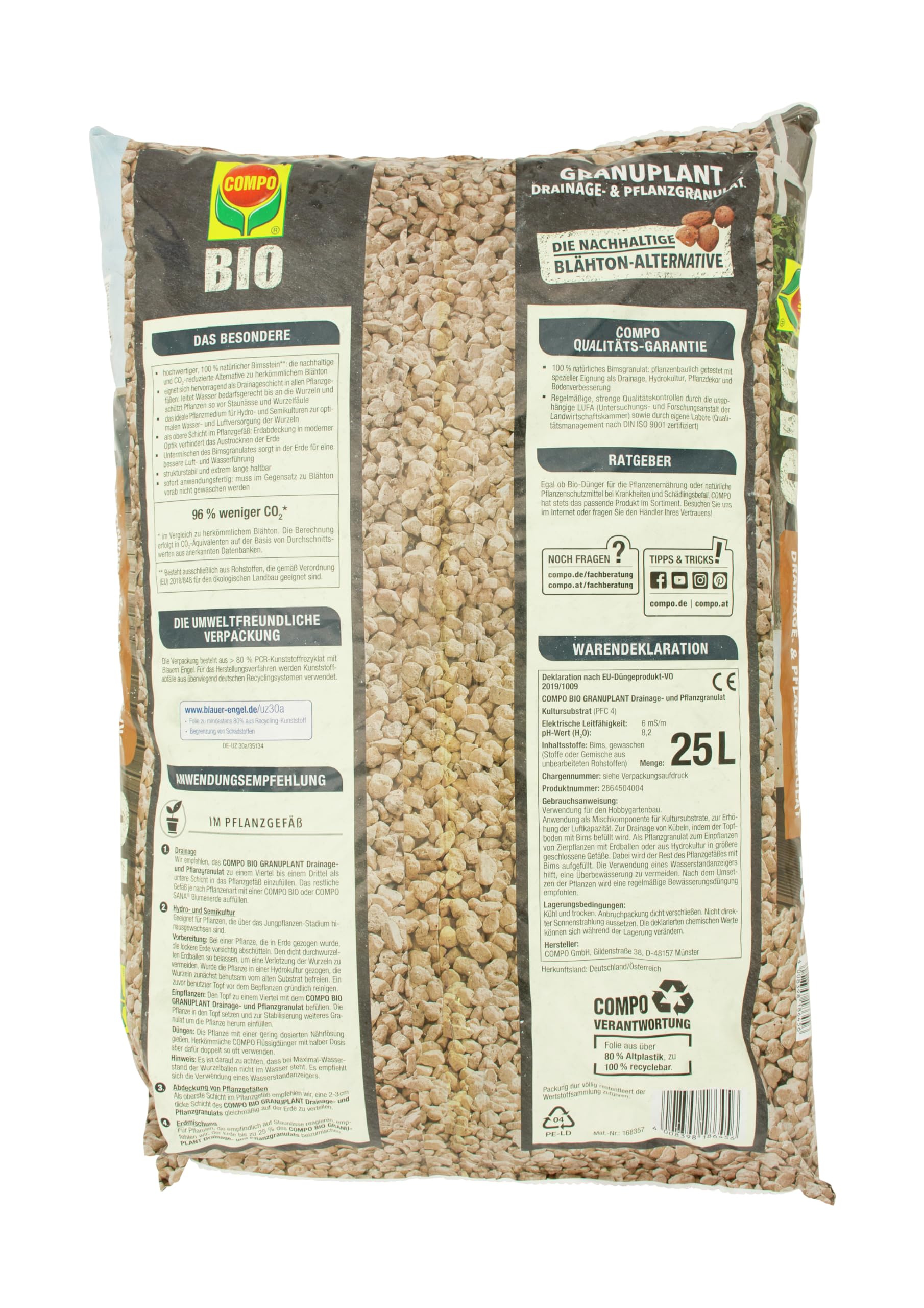 COMPO Bio Granuplant Granuplant Granulés de Drainage et de Plantation - Pierre Ponce 100% Naturelle - Alternative Durable à l'argile expansée - 25 litres