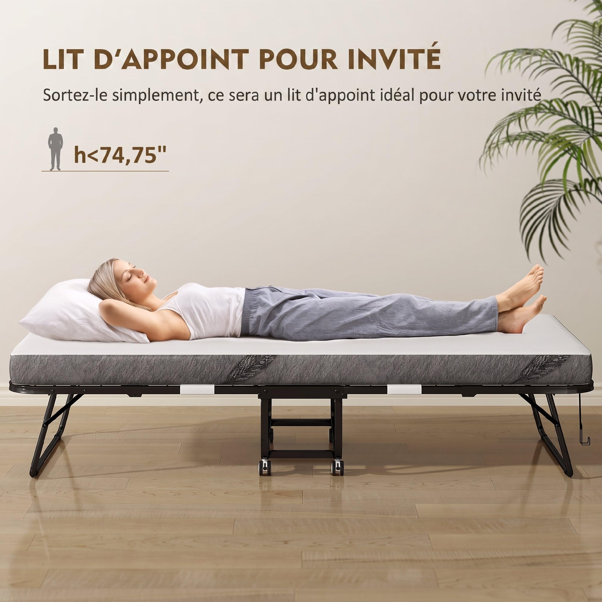 HOMCOM Lit Pliant 1 Personne 200 x 90 cm avec Matelas, Lit d'Appoint Blanc