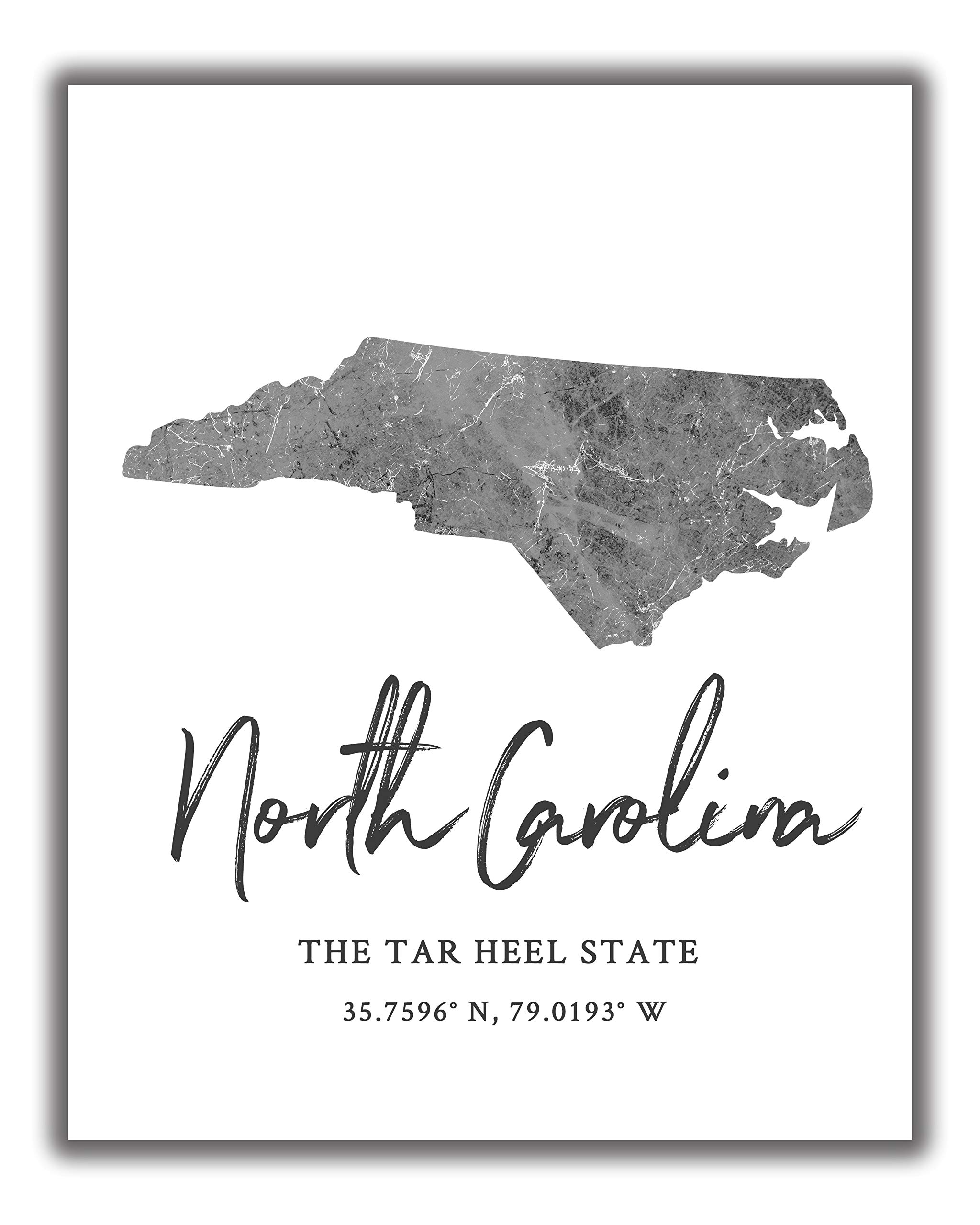 North Carolina State Map Wall Art Print - 8x10 Silhouette Decor Print with Coordinates. Makes a Great NC-Themed Gift. Shades of Grey, Black & White.