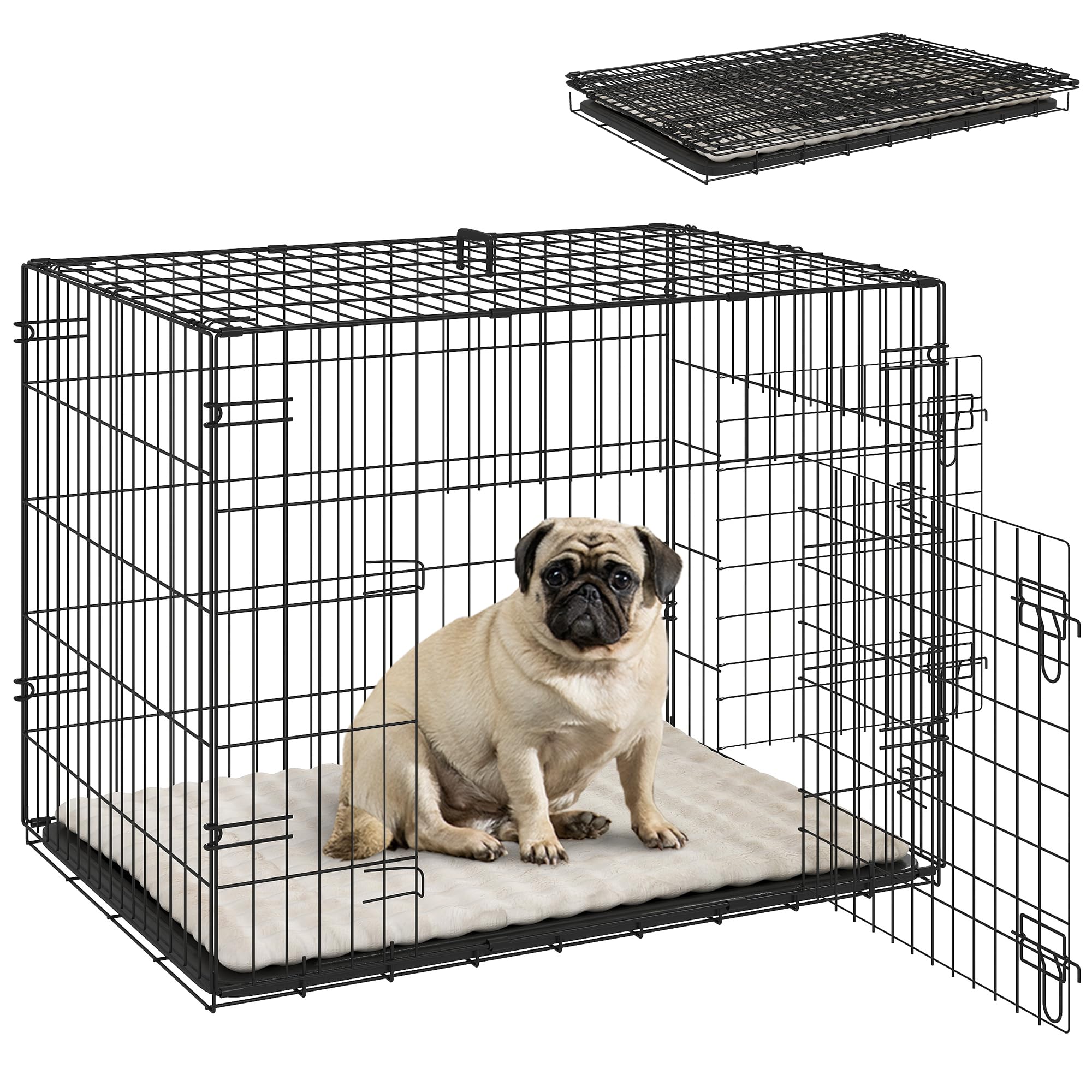 PawHut Jaula para Perros Plegable, Jaula para Perros Pequeños con Cojín, 2 Puertas, Bandeja Extraíble y Marco de Alambre Metálico, 75x48,5x53 cm, Negro y Beige