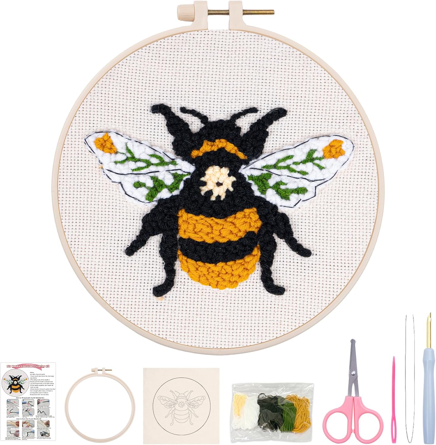Nuberlic Punch Needle Kit for Beginners Cute Bee Pattern DIY Hoop Embroidery Punch Needle Starter Craft Set with Pre-Printed Fabric, Yarn, Frame & Tools Step-by-Step Introduction