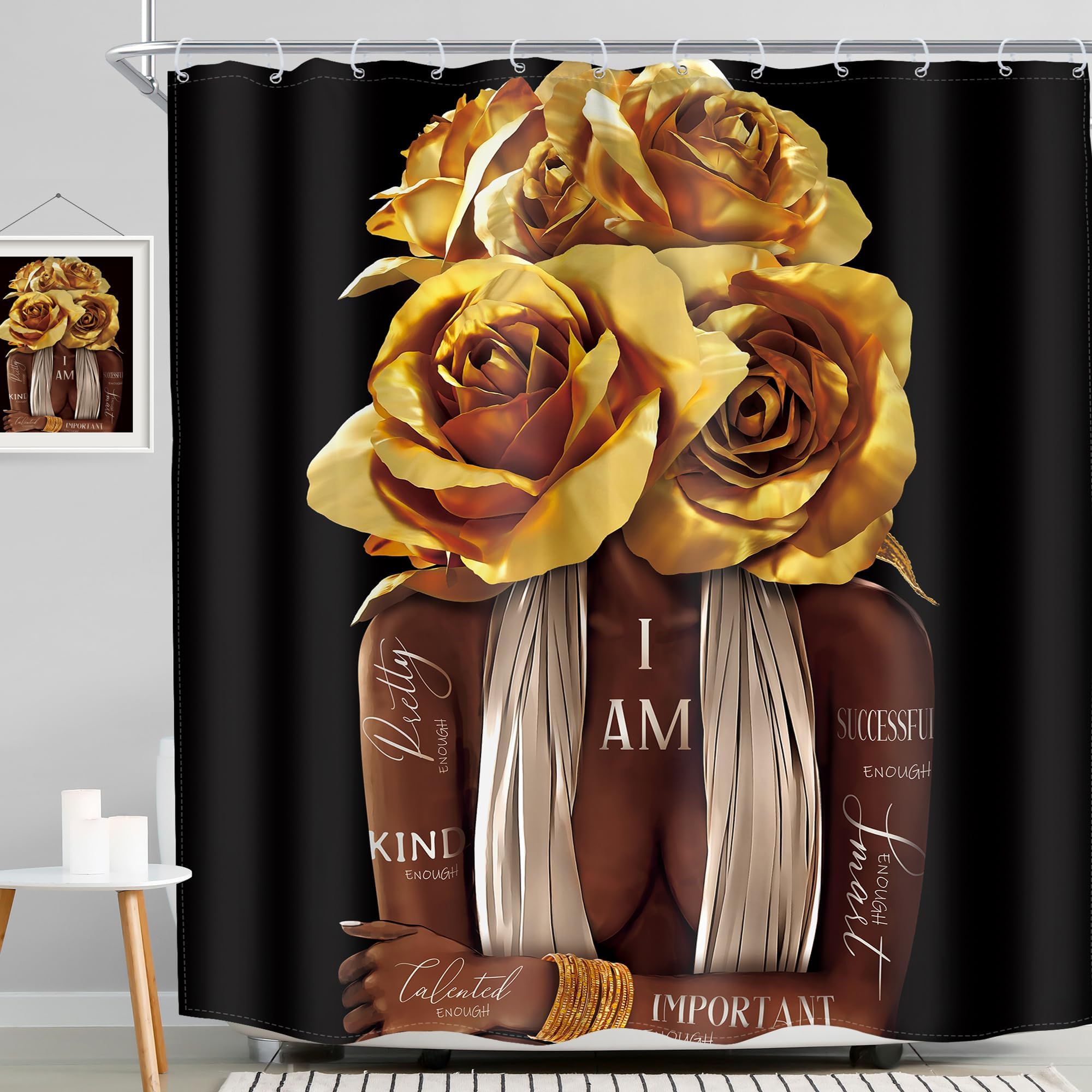MESHELLY Golden Black Girl Shower Curtain 72Wx72H African American Woman Peony Flower Floral Abstact Inspirational Quote Bathroom Curtain Modern Bath
