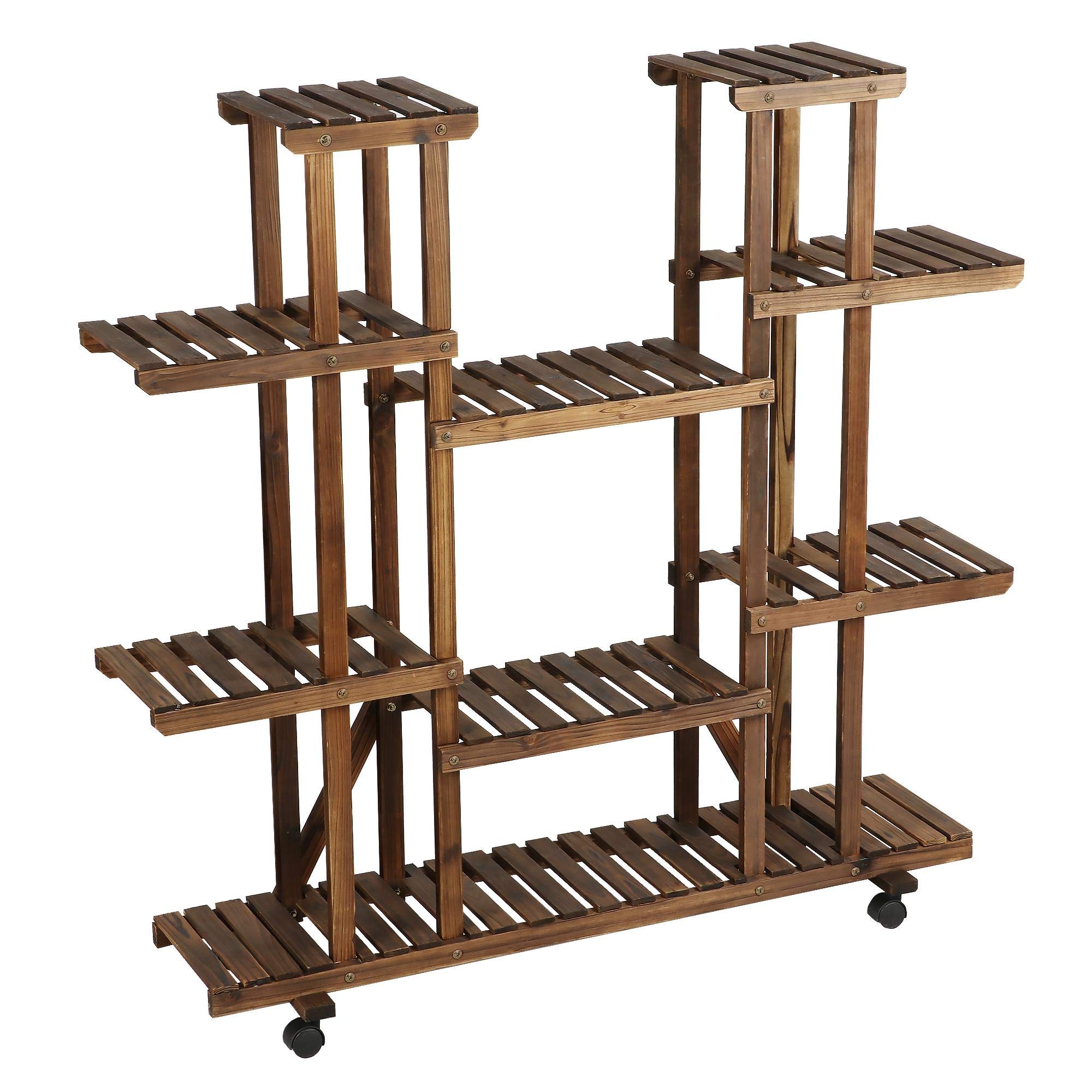 Yaheetech Scaffale per Piante Scaffalatura Porta Vasi in Legno con Ruote 124,5 x 33 x 120 cm Supporto Verticale a 9 Ripiani Fioriera da Interno Esterno Balcone Giardino